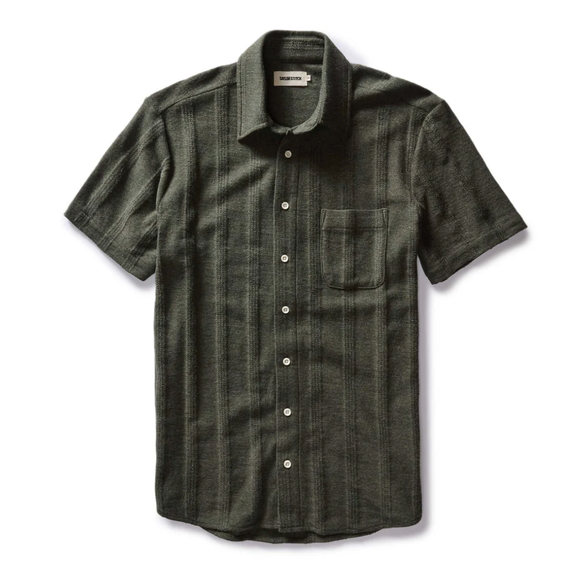 Taylor Stitch Short Sleeve California in Heather Olive Pointelle Stripe