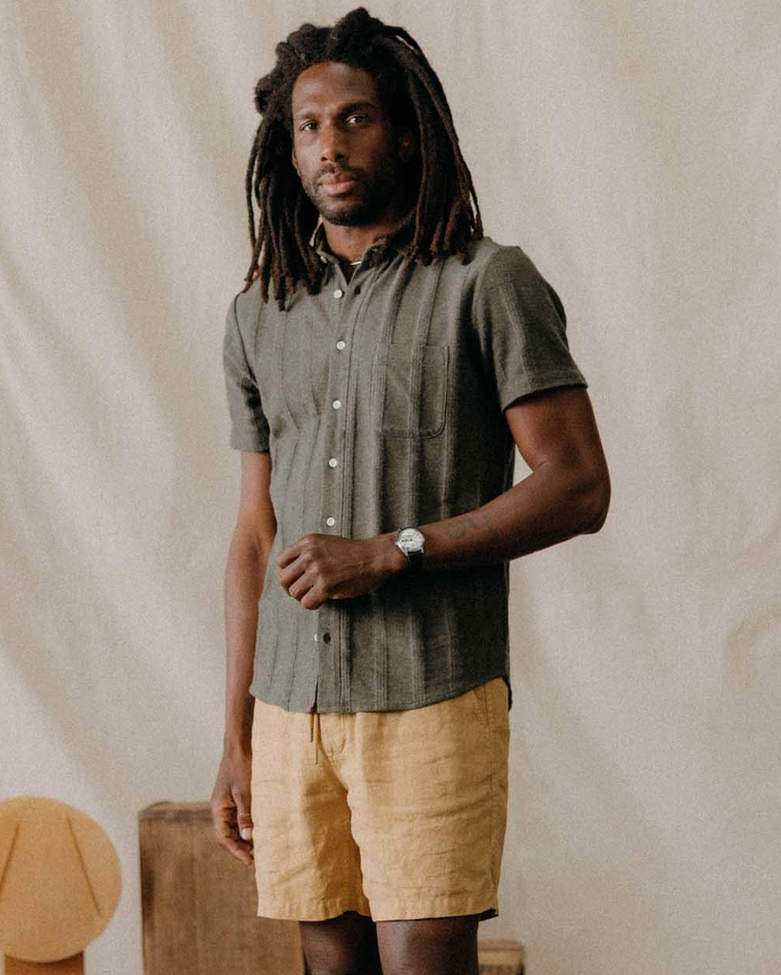 Taylor Stitch Short Sleeve California in Heather Olive Pointelle Stripe