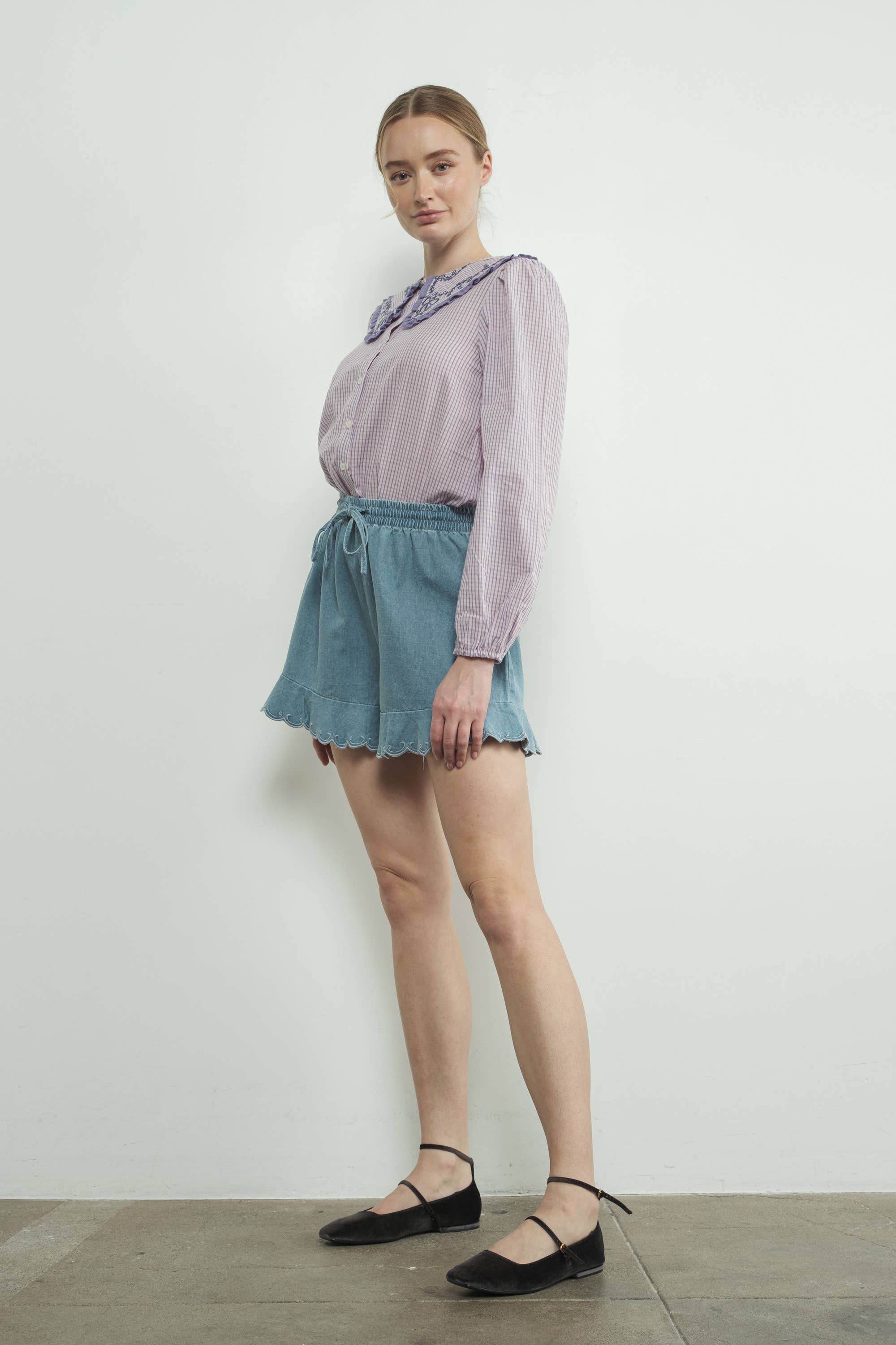 Nell Chambray Ruffle Hem Shorts