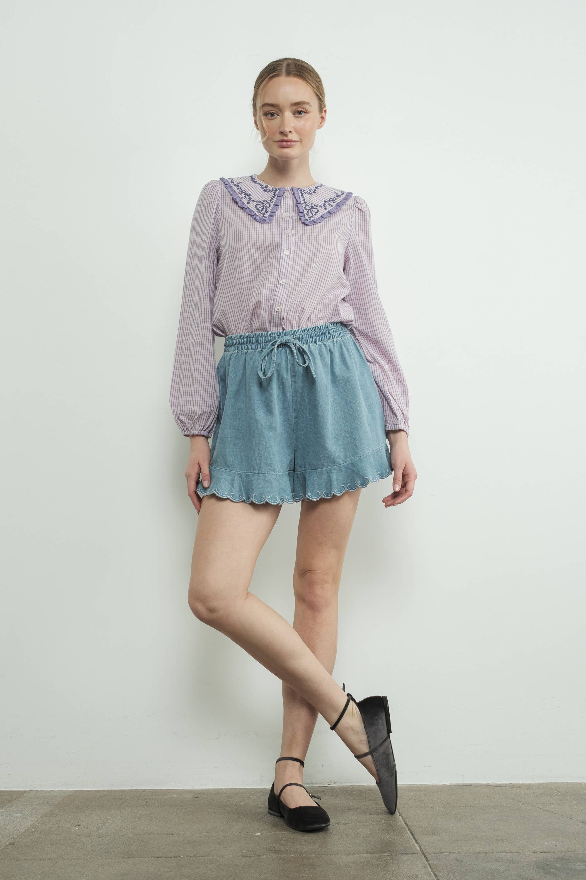 Nell Chambray Ruffle Hem Shorts