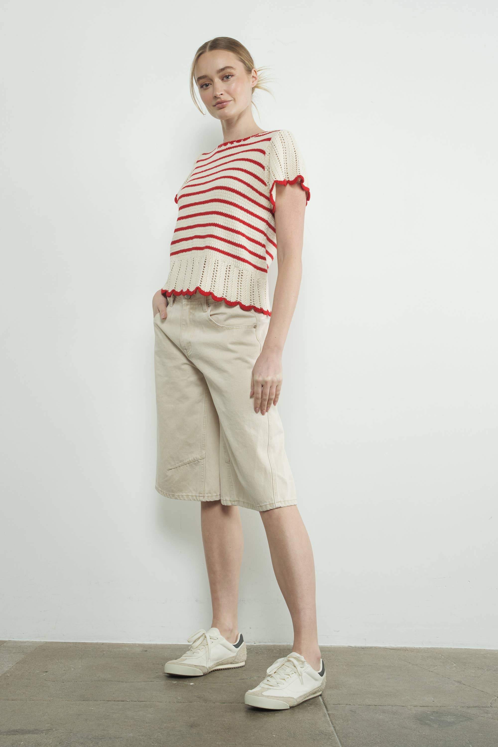 Striped Crochet S/S Sweater in Red/White