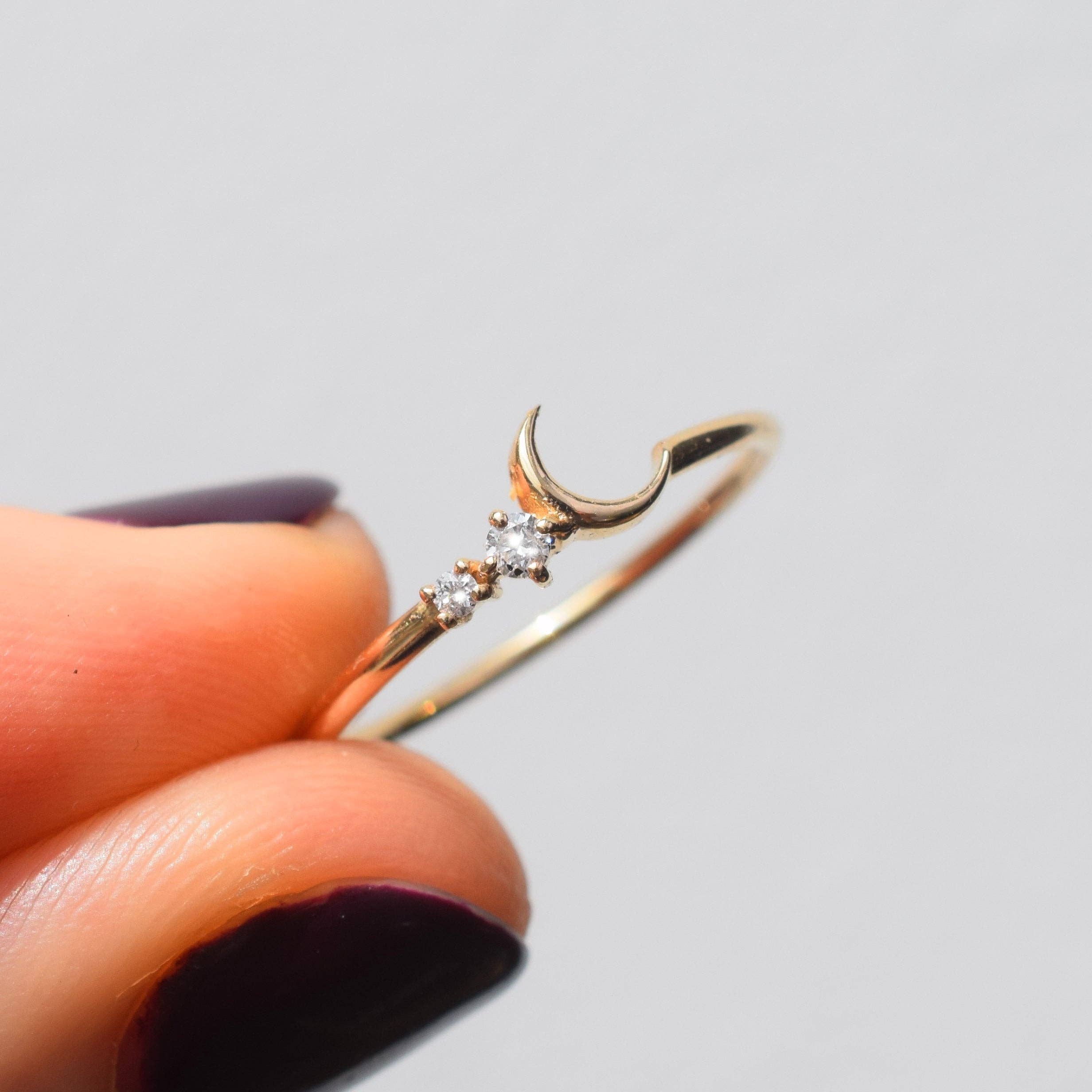 Solid Gold Diamond Fly Me To the Moon Ring