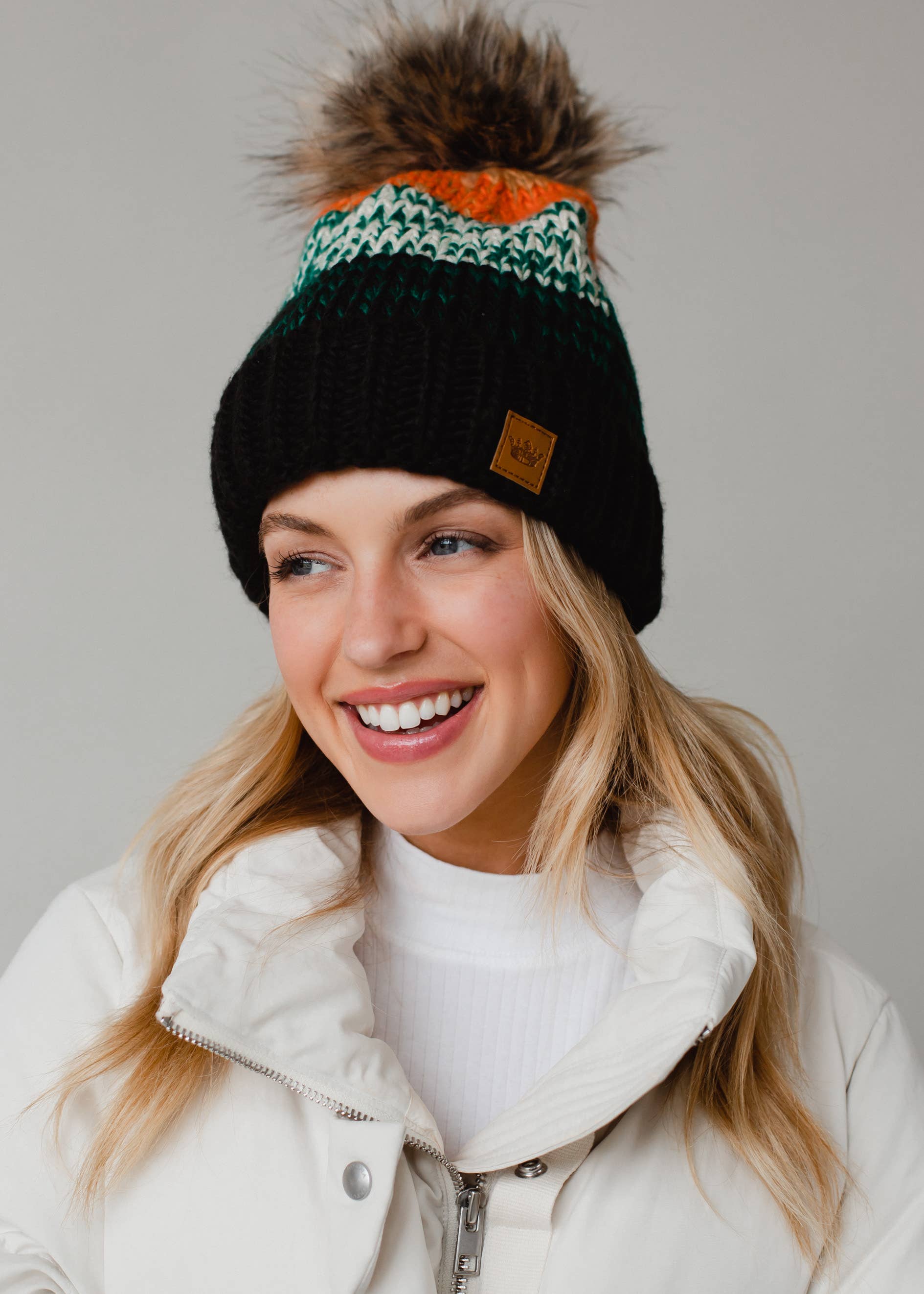 Black, Green & Orange Patterned Pom Hat