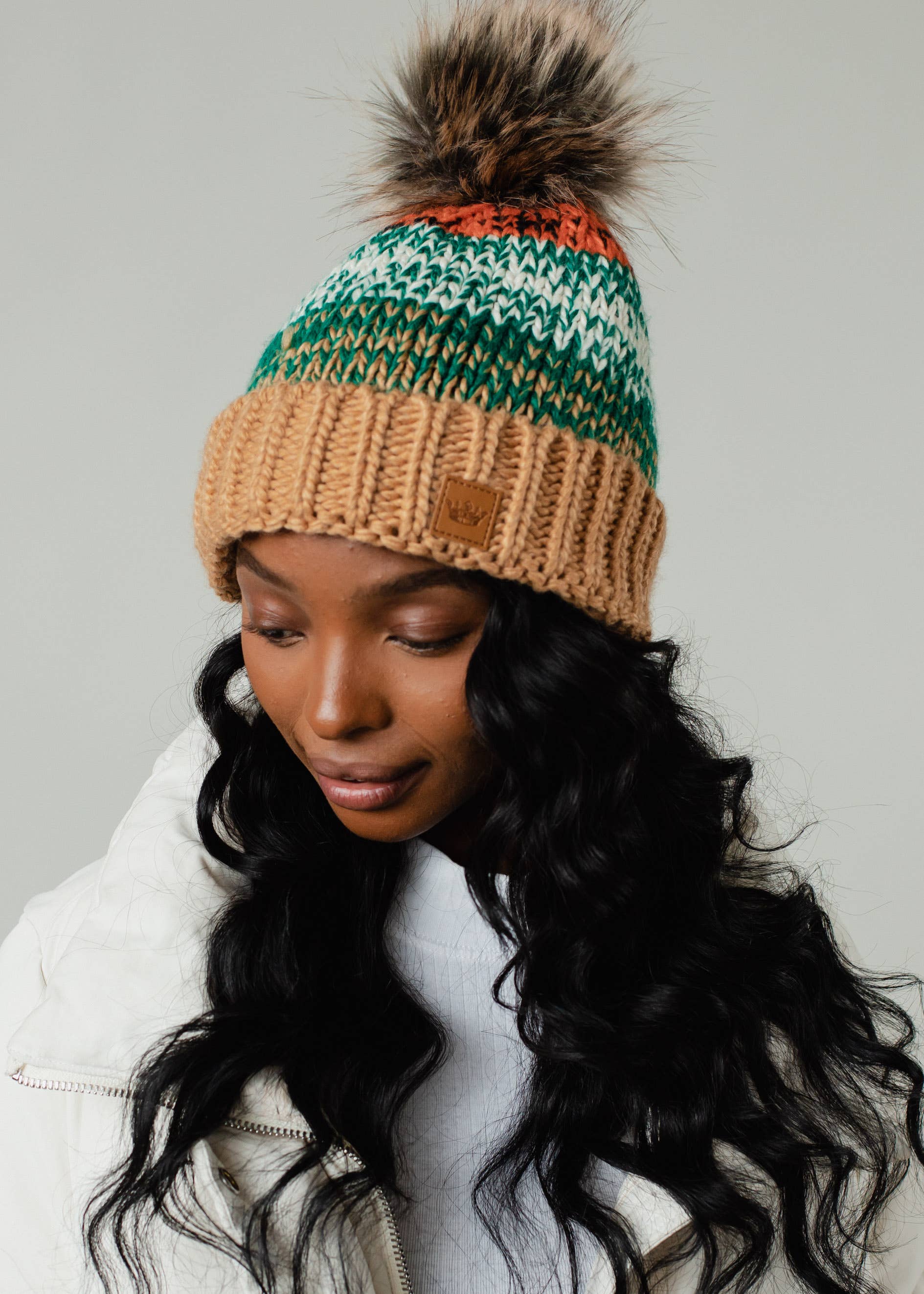 Camel, Green & Orange Patterned Pom Hat