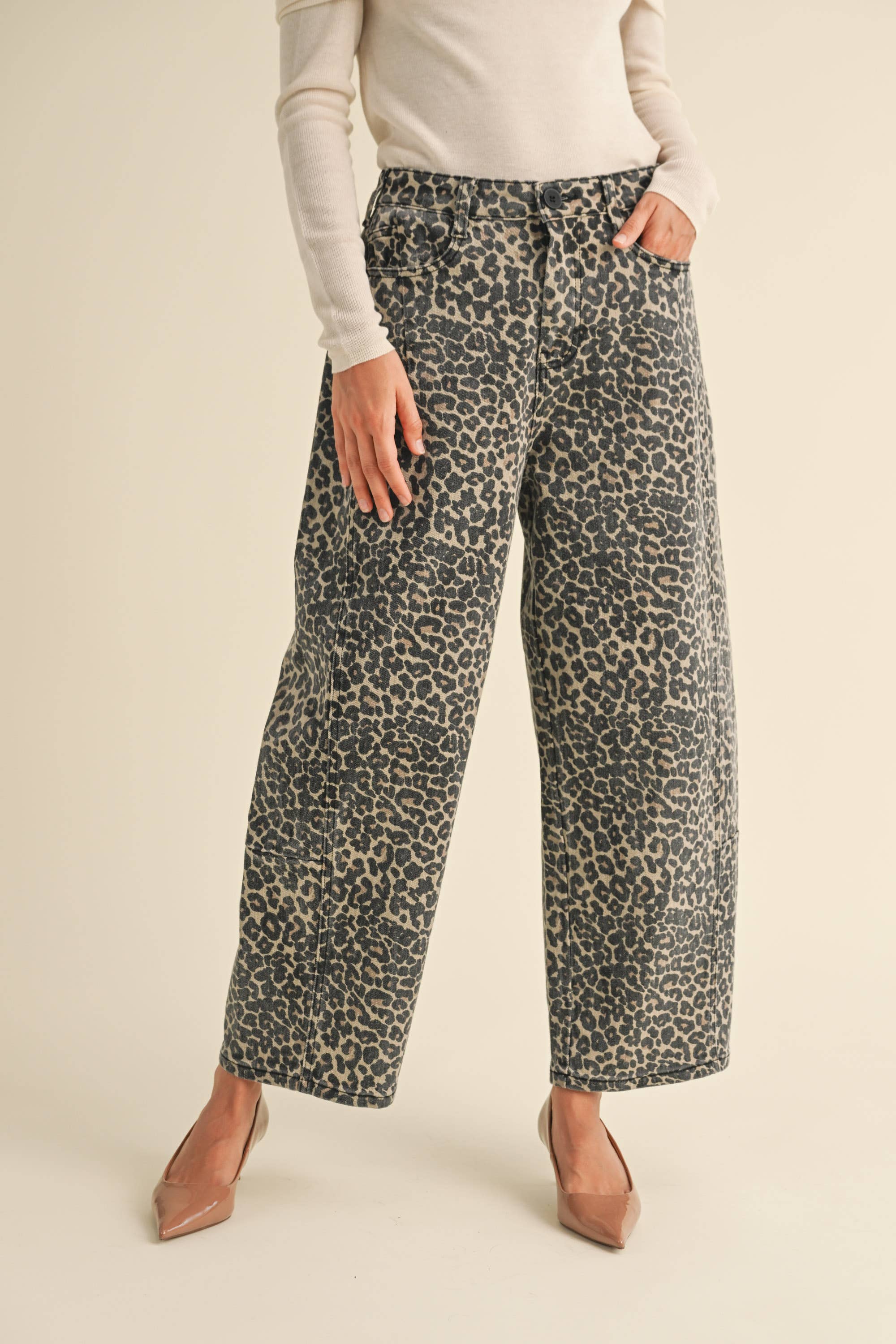 Leopard Print Barrel Jeans