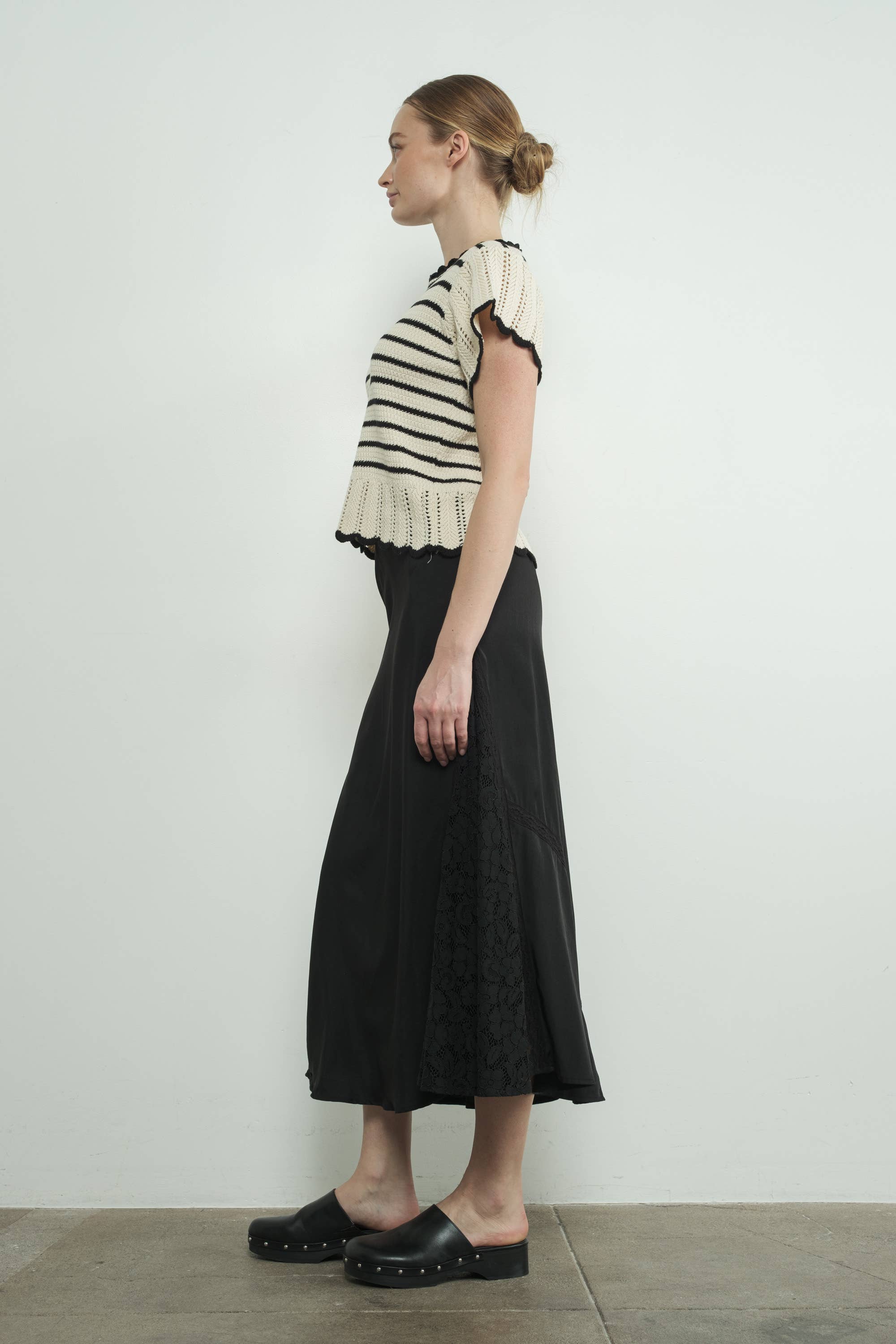 Striped Crochet S/S Sweater in B/W