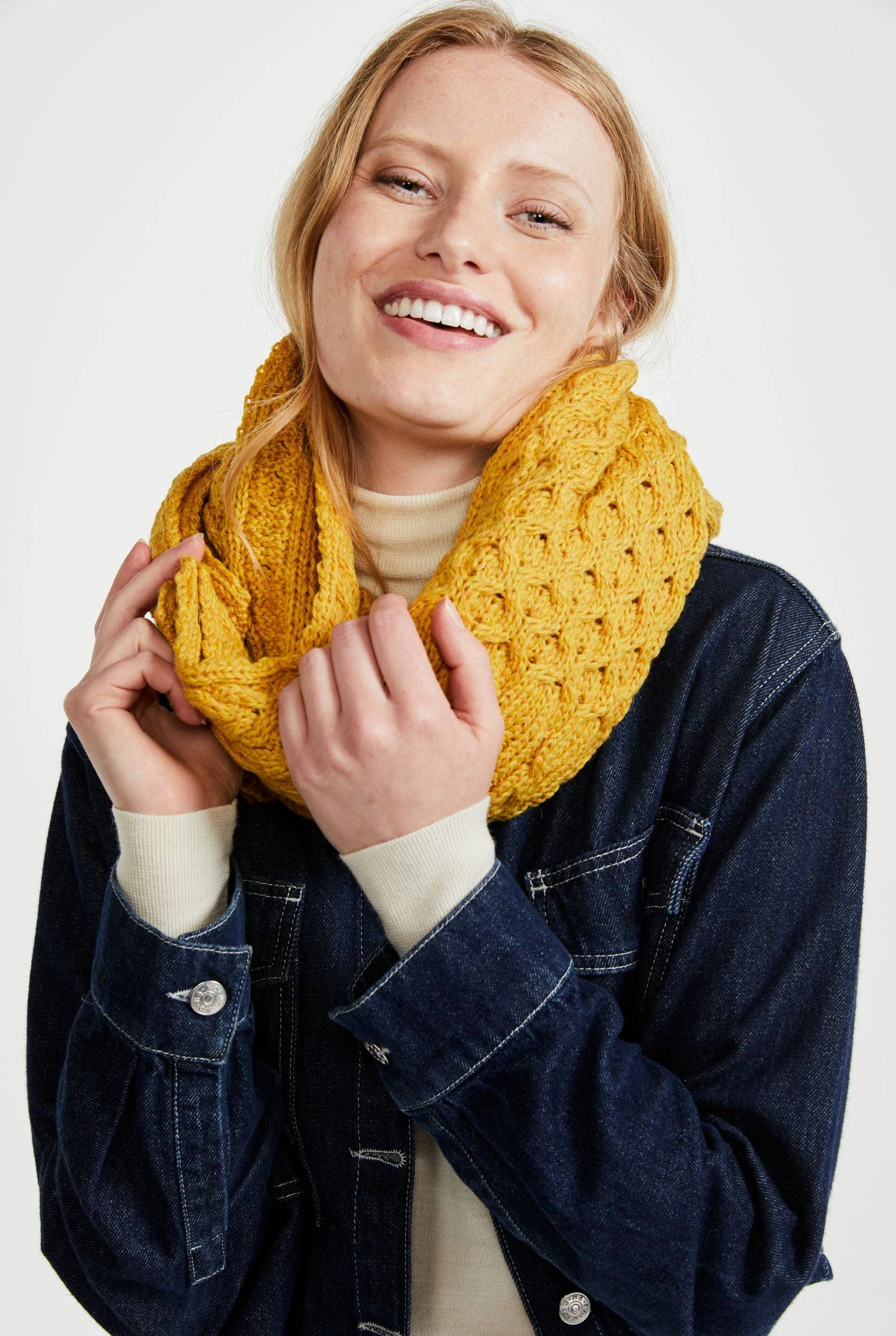 Kilmaine Aran Snood Scarf with Buttons - Yellow