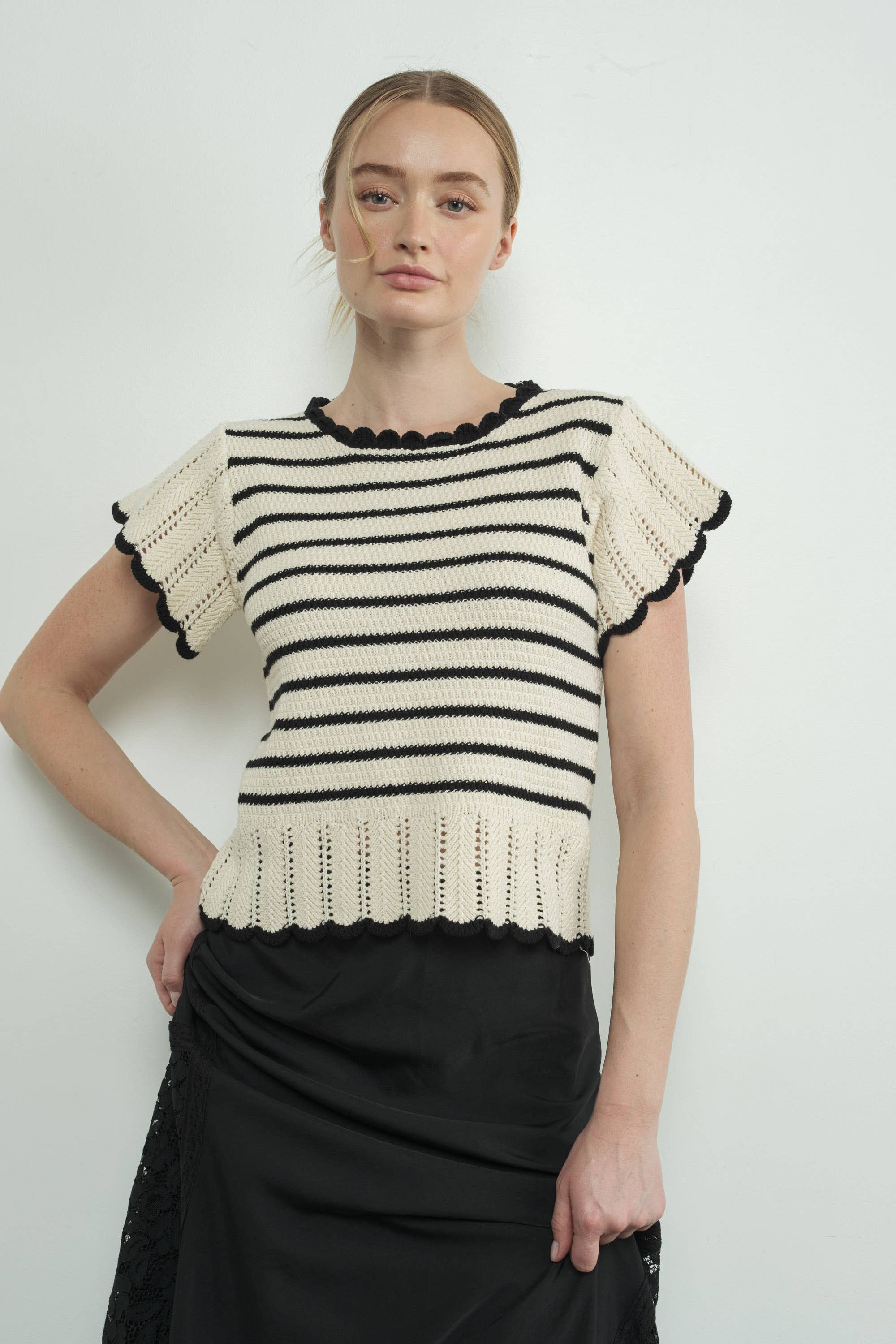 Striped Crochet S/S Sweater in B/W