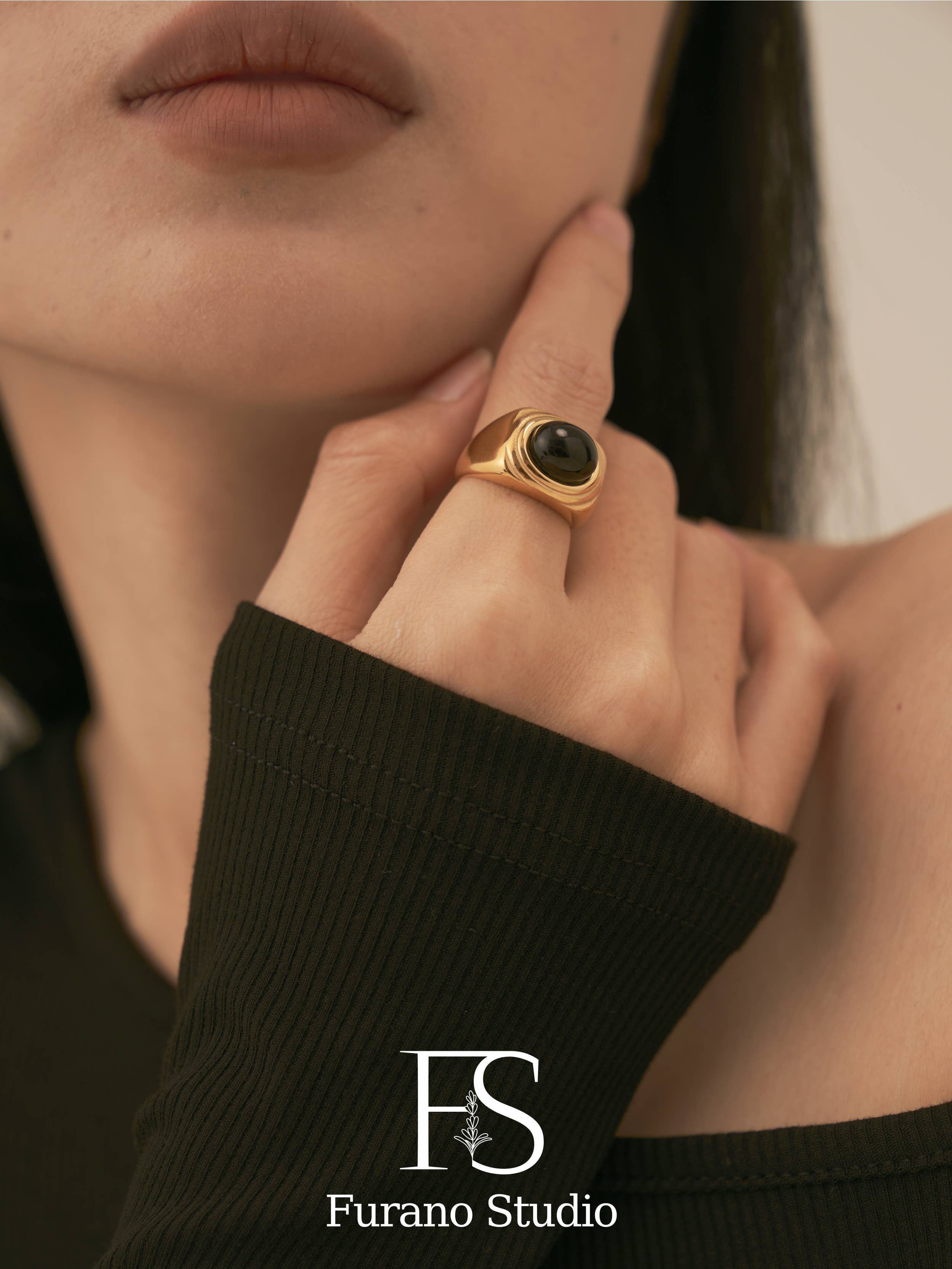 18k Gold Plated Black Onyx Square Signet Ring