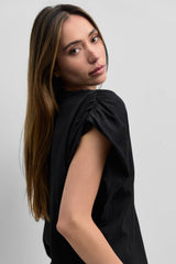 The Eileen Pleated Shoulder Top in Black or Taupe