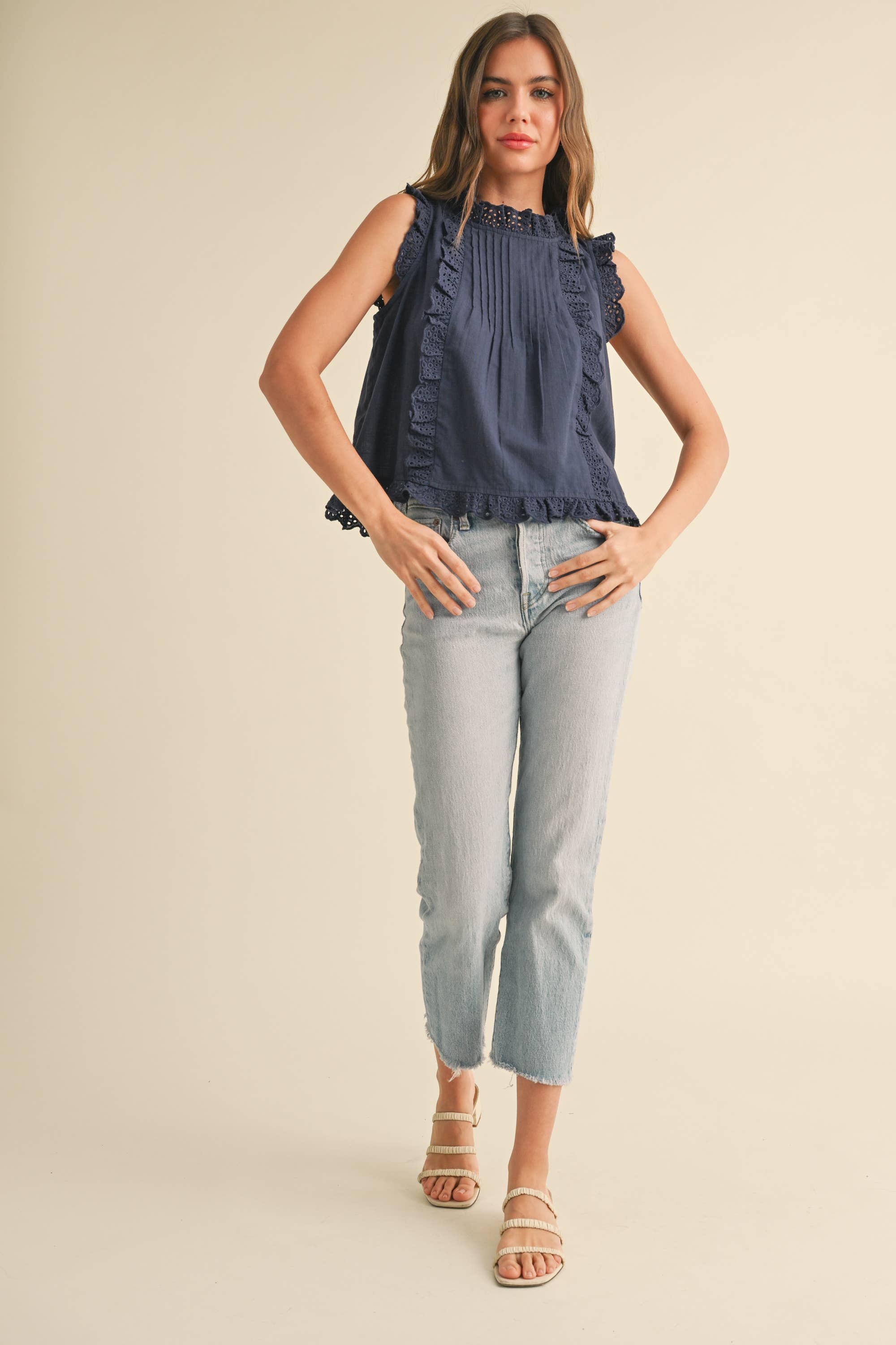 Eyelet Ruffle Trim Cotton Top