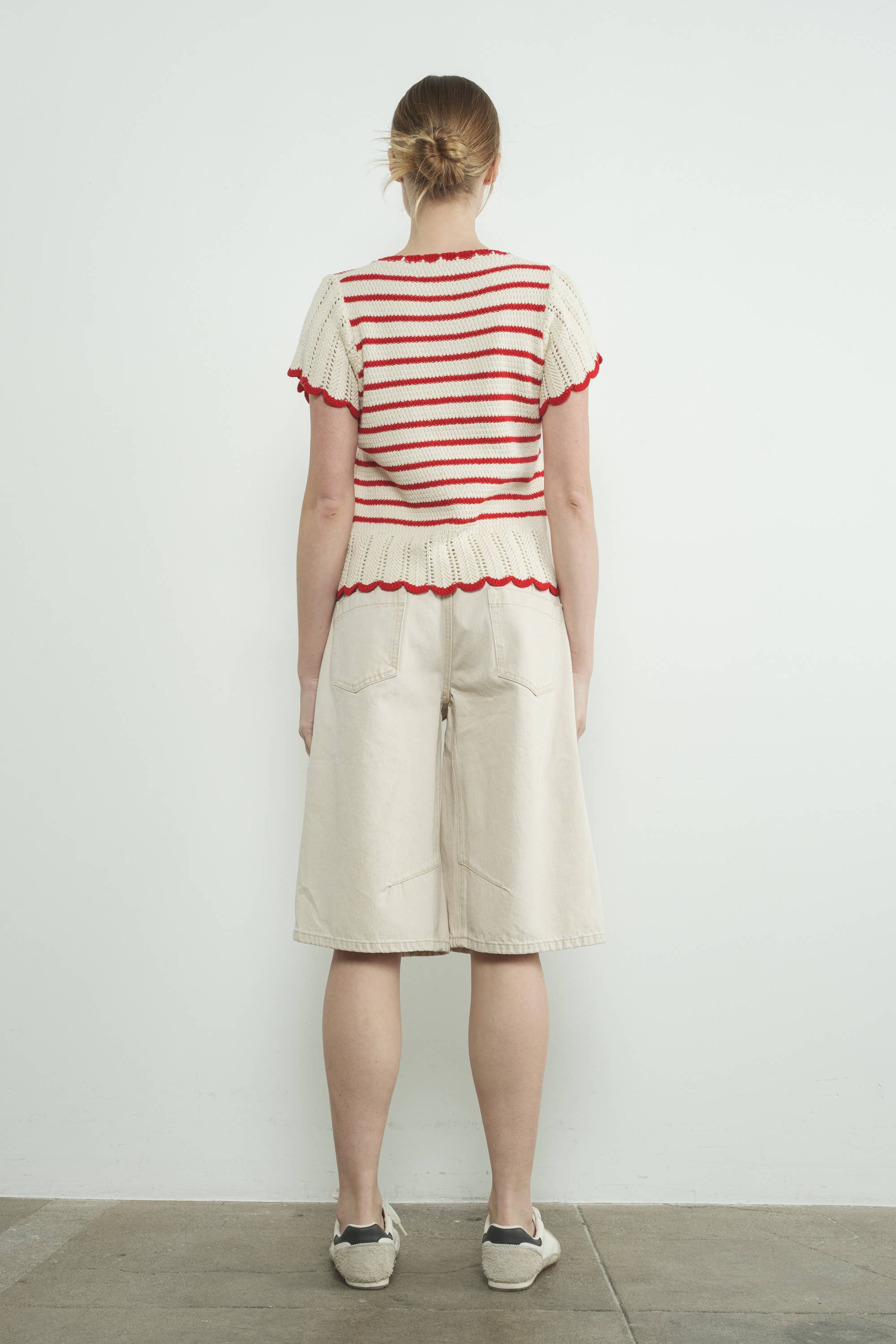 Striped Crochet S/S Sweater in Red/White