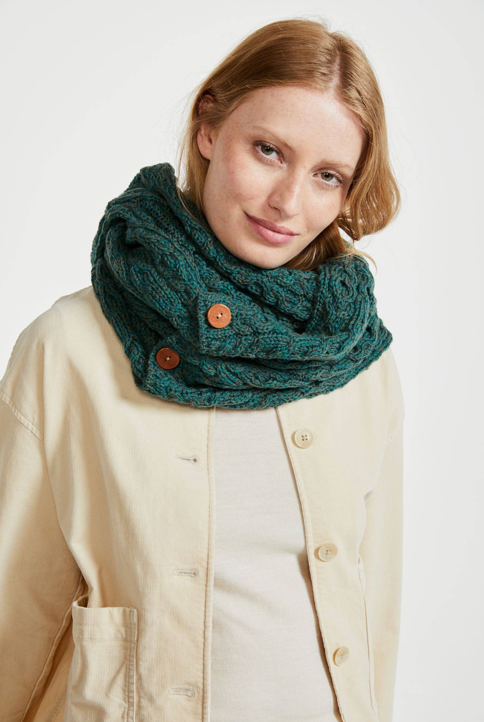 Kilmaine Aran Snood Scarf with Buttons - Green