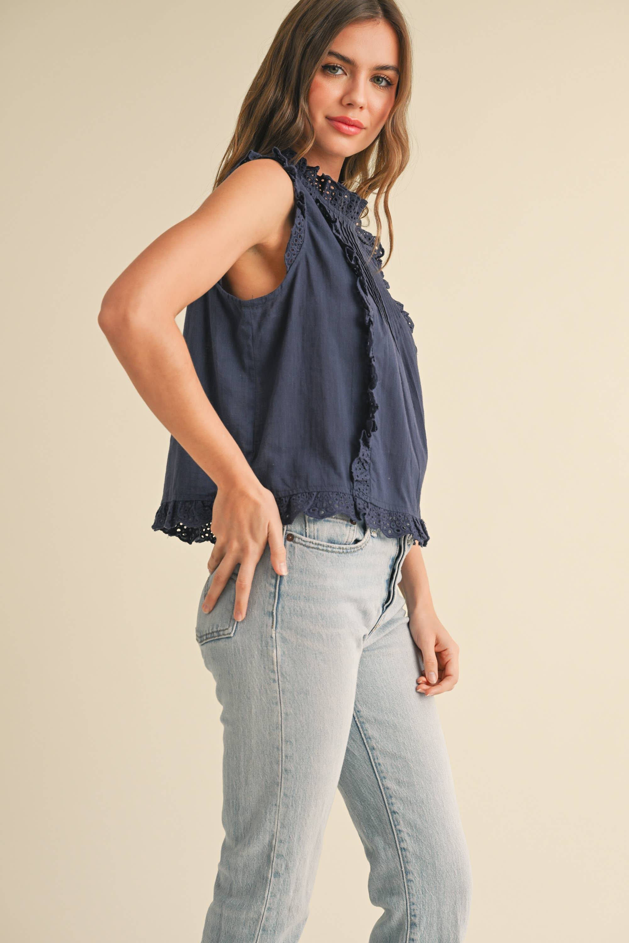 Eyelet Ruffle Trim Cotton Top