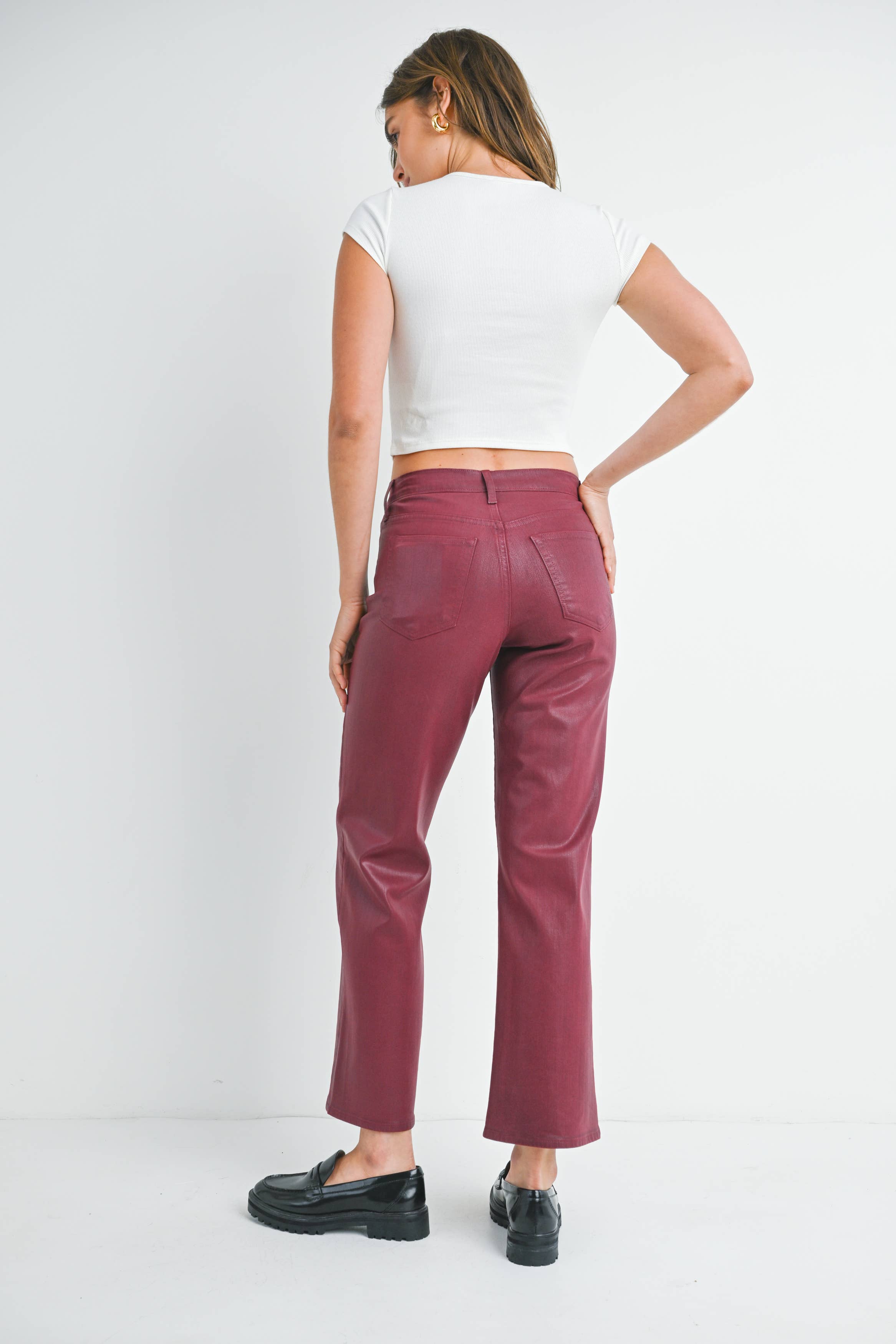 Coated Burgundy Straight Legged Jeans