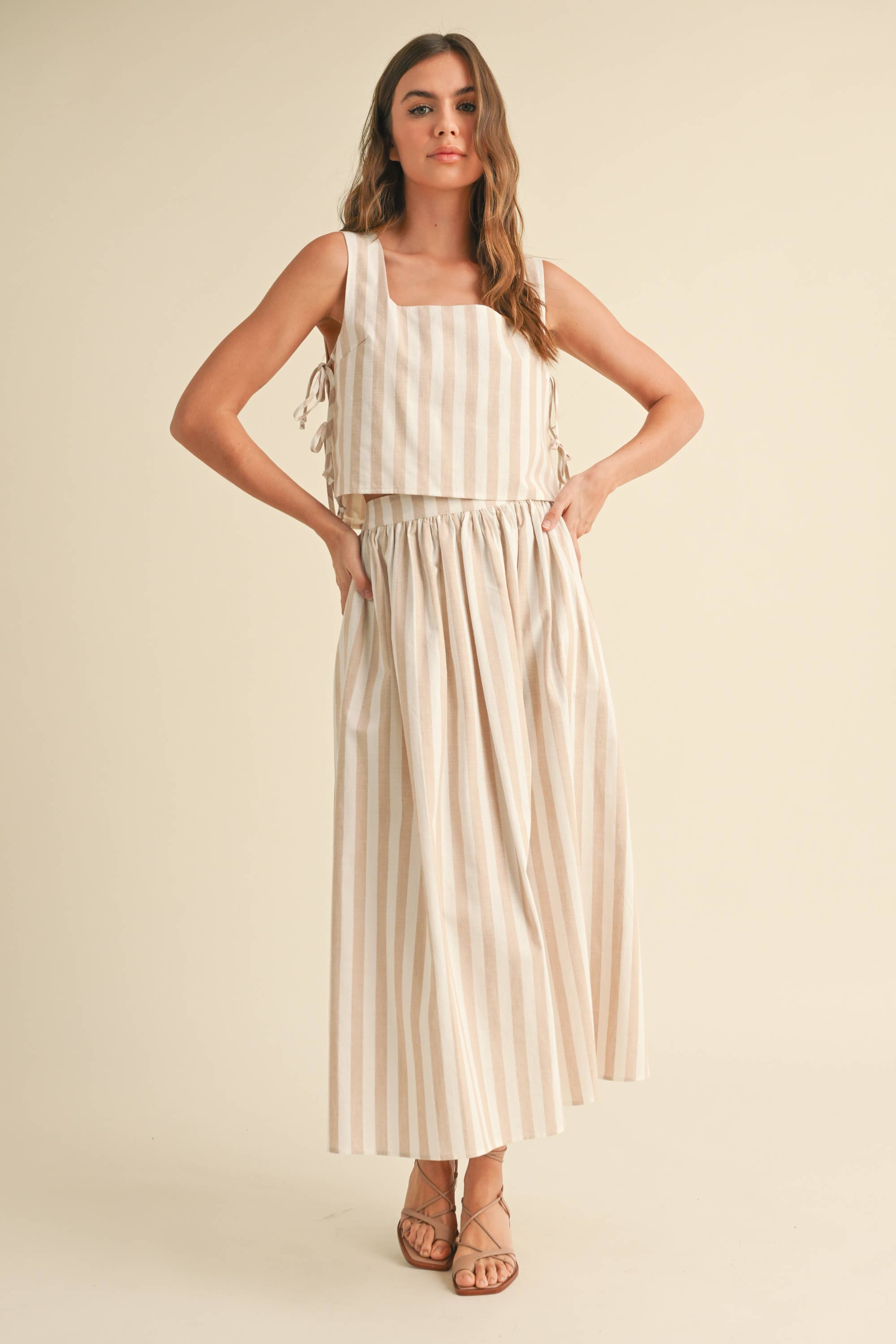 Kara Striped Cotton Tank with Ties in Beige