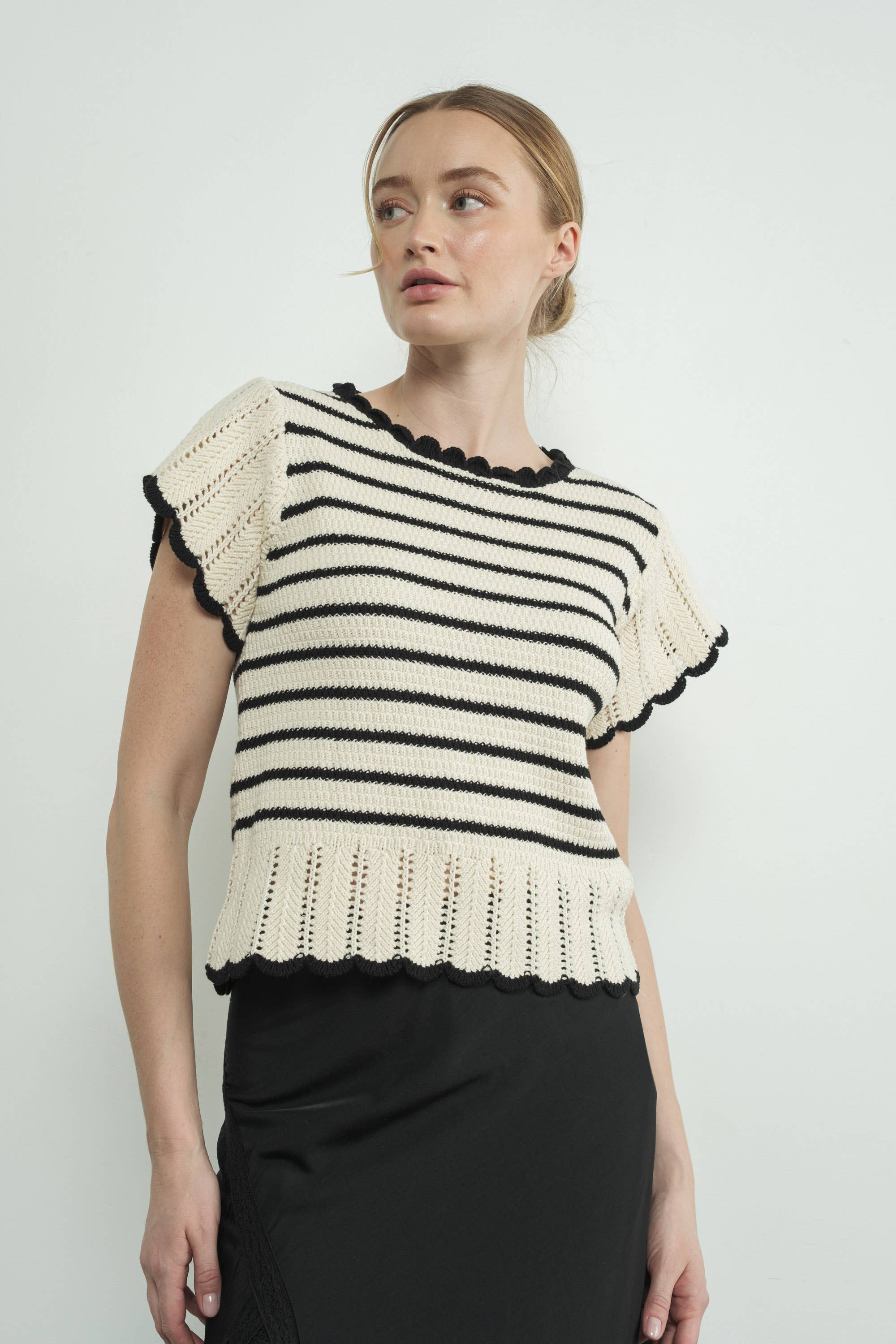 Striped Crochet S/S Sweater in B/W