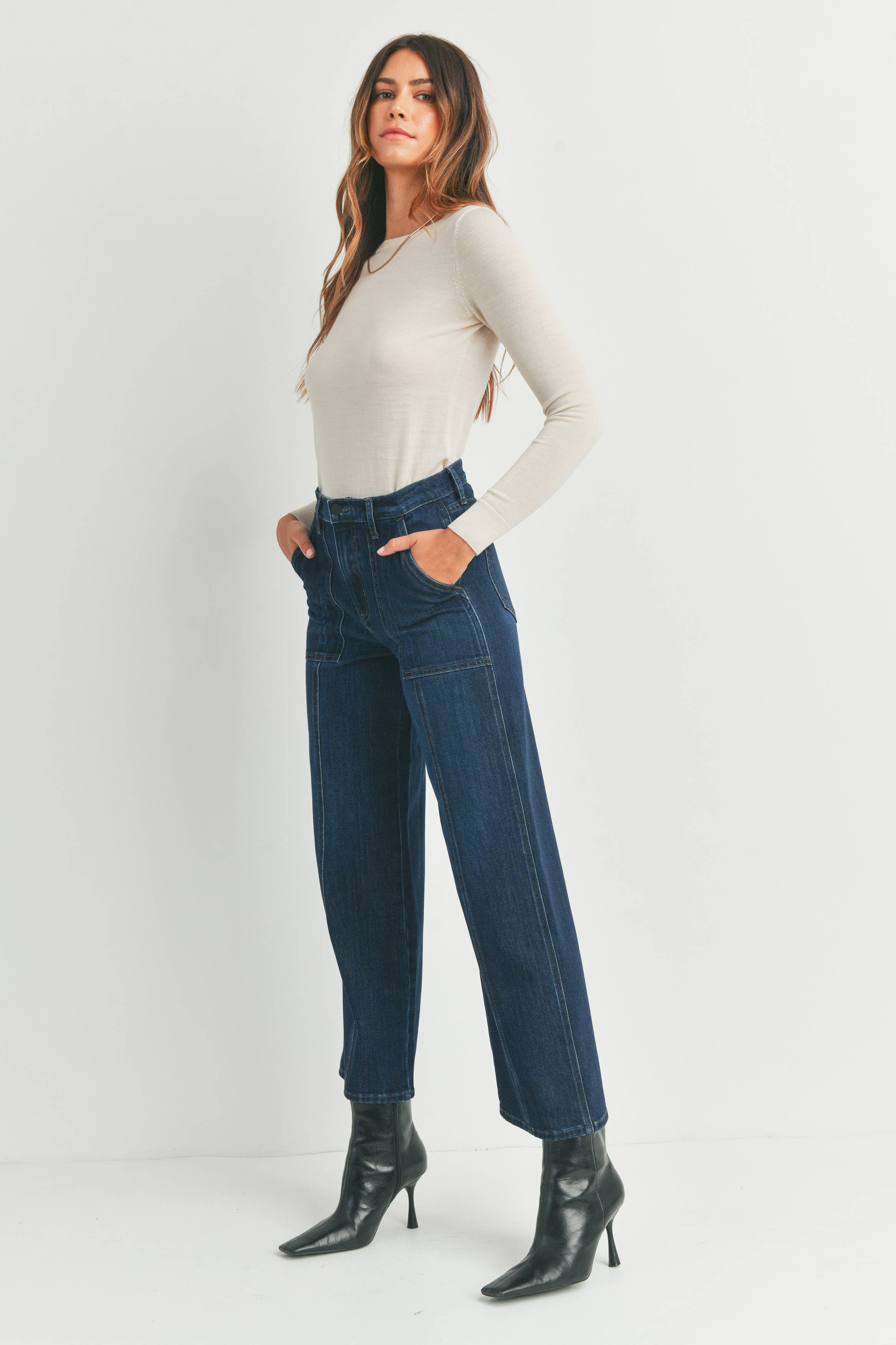 Dark Seamed Utility Straight Jeans