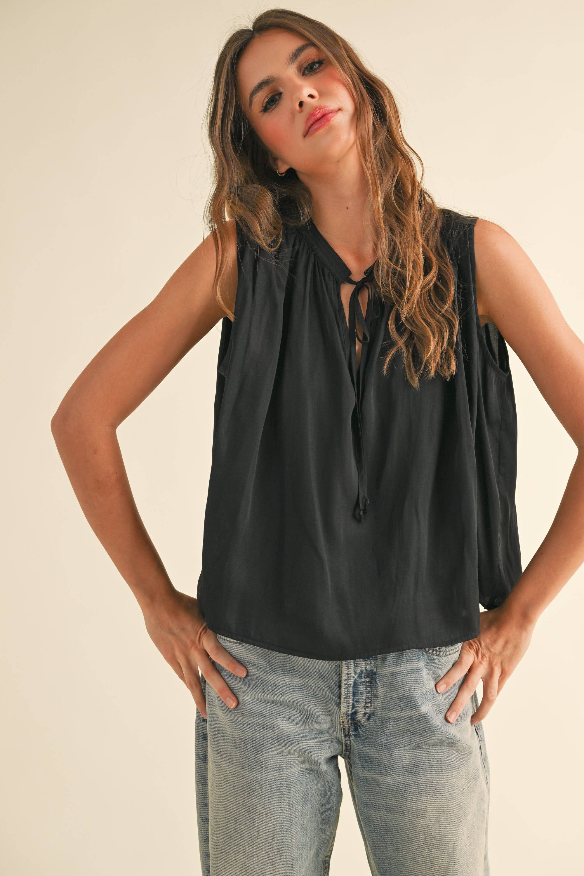 Black Tie Front Tank Blouse