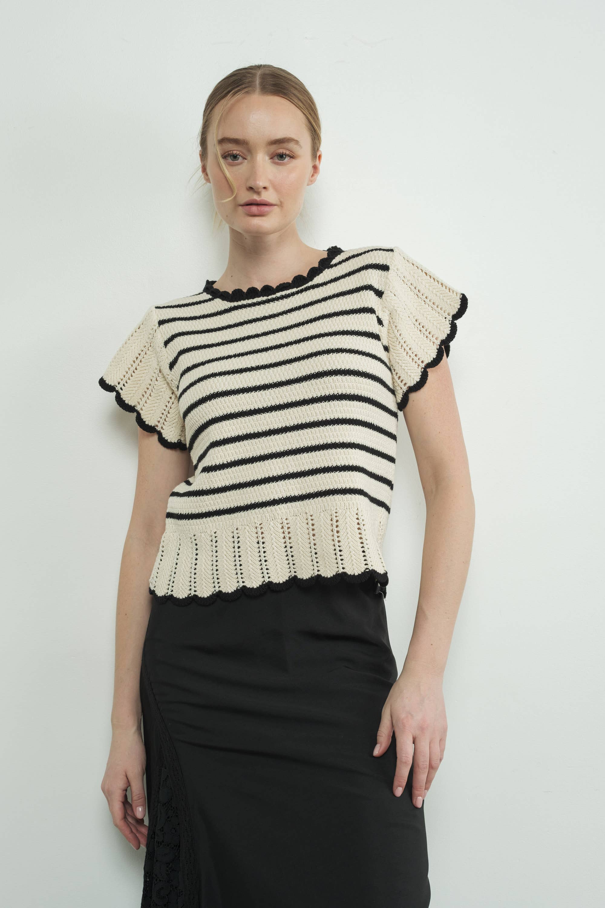 Striped Crochet S/S Sweater in B/W