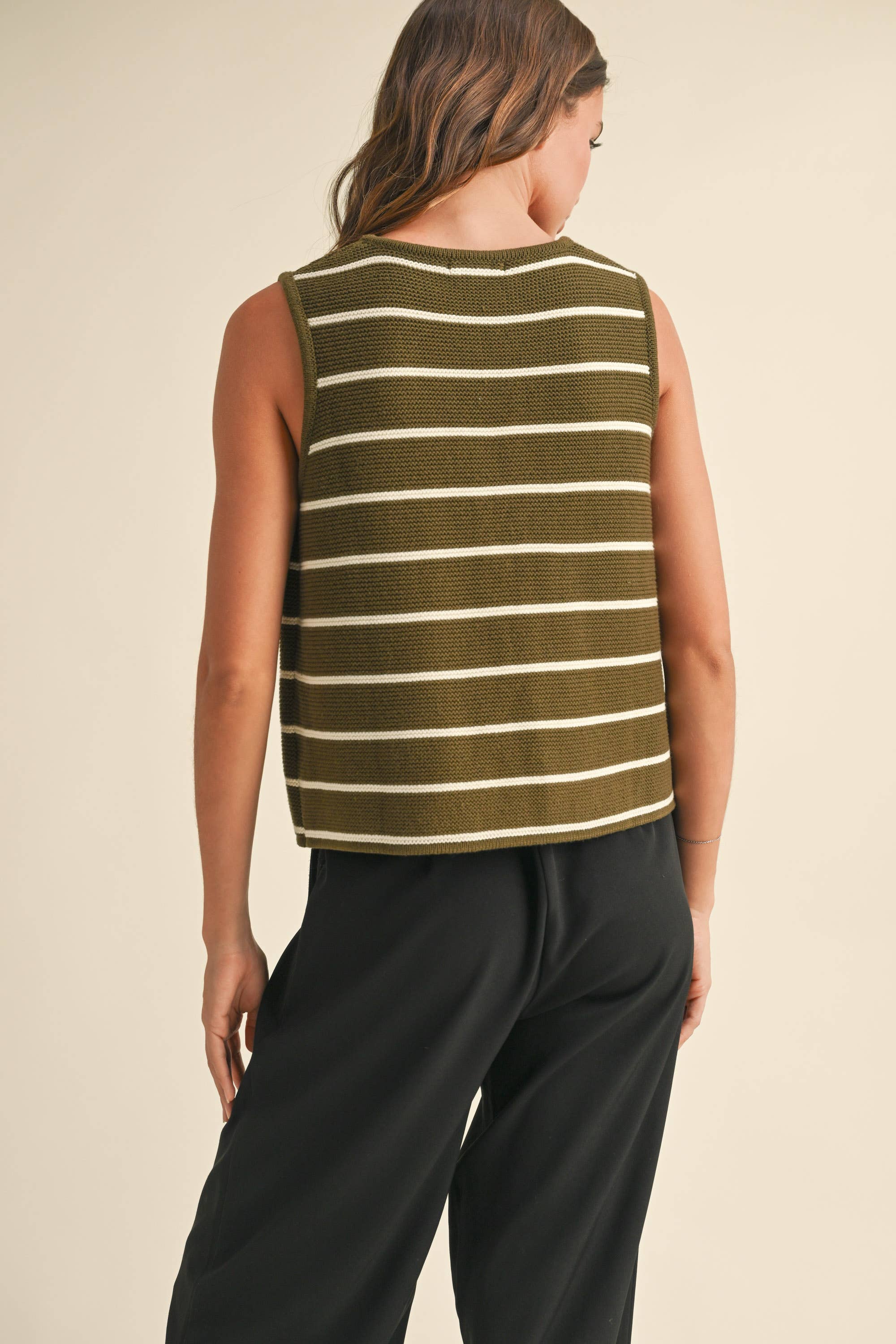 Striped Knit Tie Front Vest in Olive