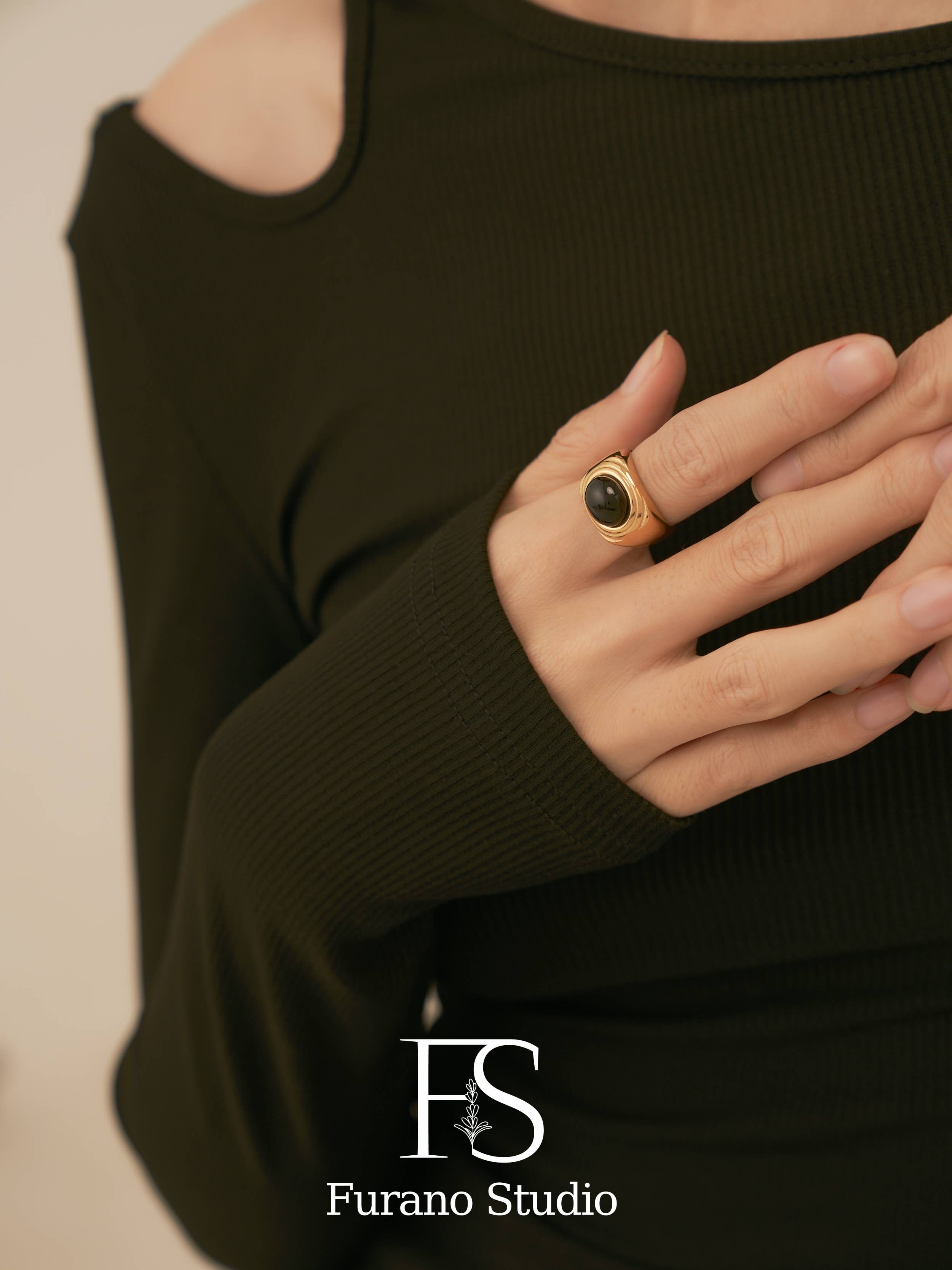 18k Gold Plated Black Onyx Square Signet Ring