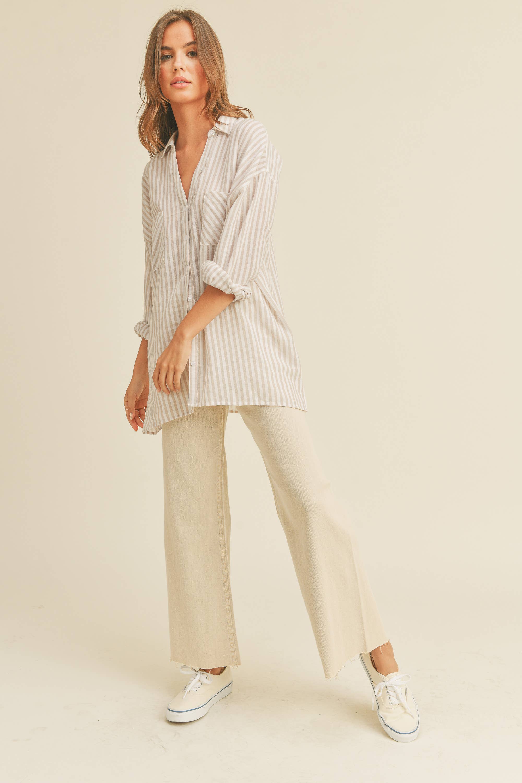 Aline Button Down in Beige or Grey