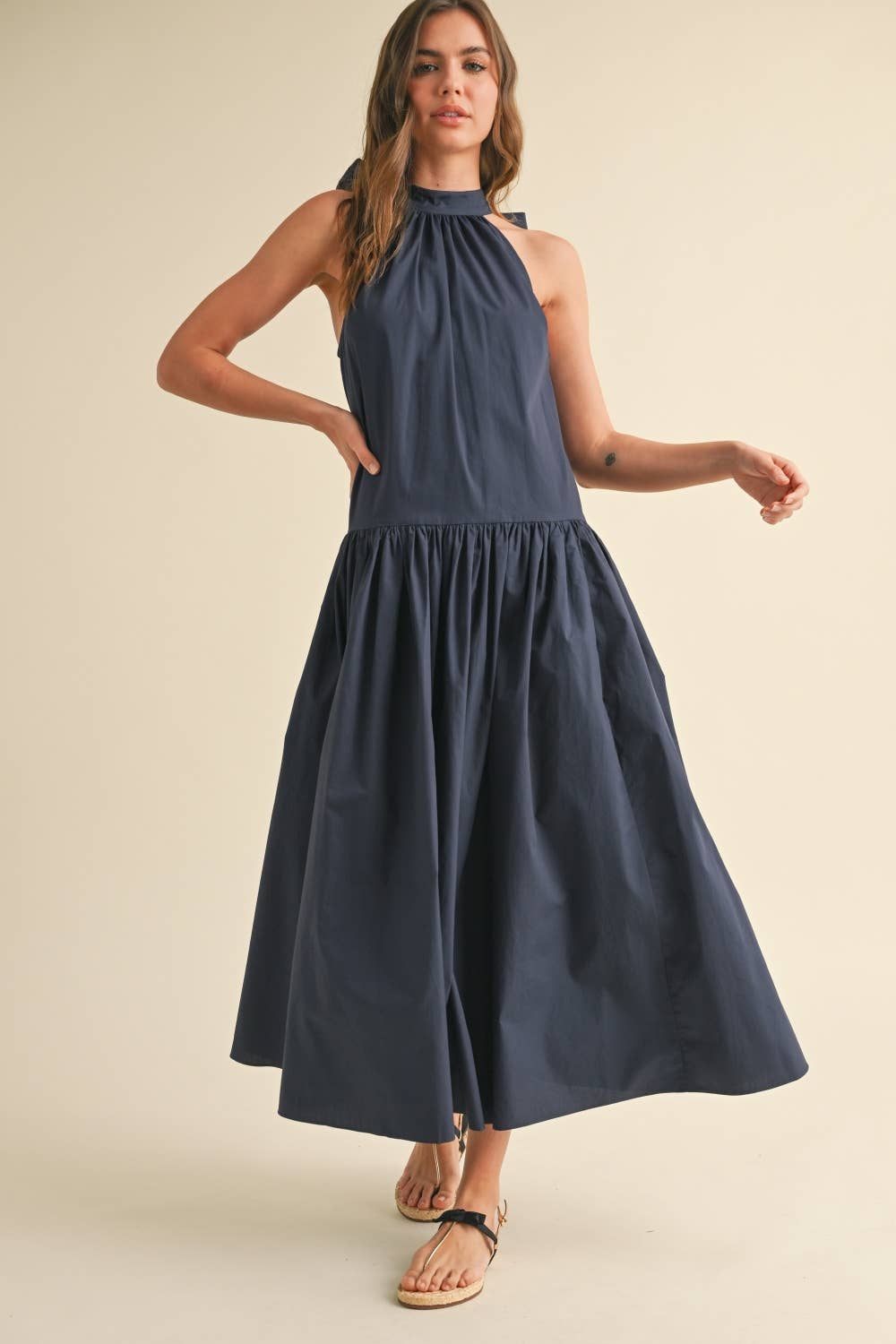 Swan Dress with Tie Back in Navy