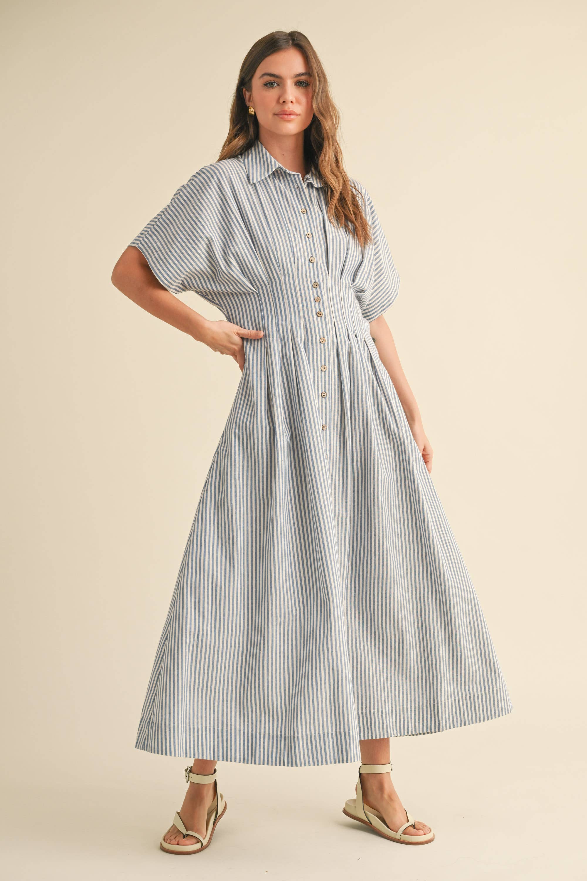 Blue Striped Cotton Button Down Dress