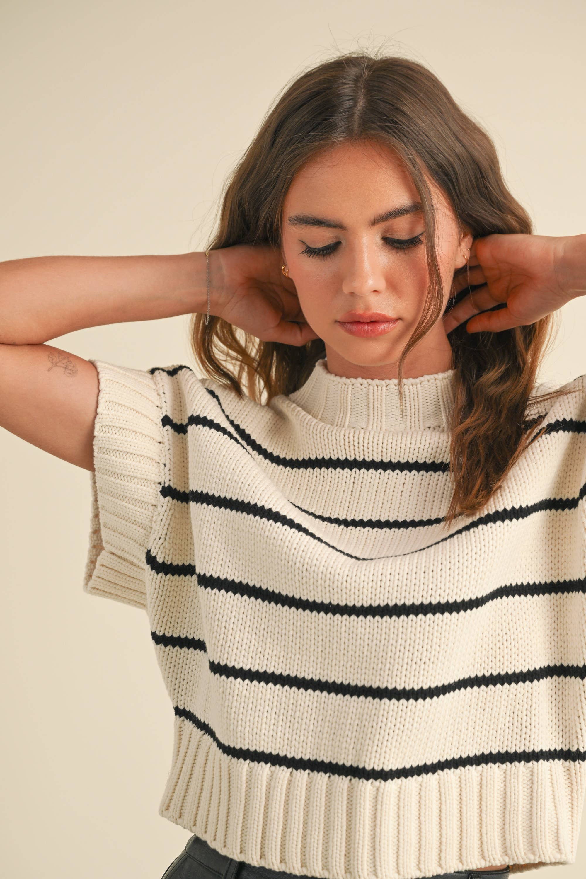 Cali Striped Dolman S/S Sweater in Black or Cream