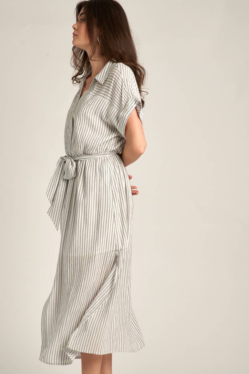 Sia White Striped Sleeve Button Down Shirt Dress