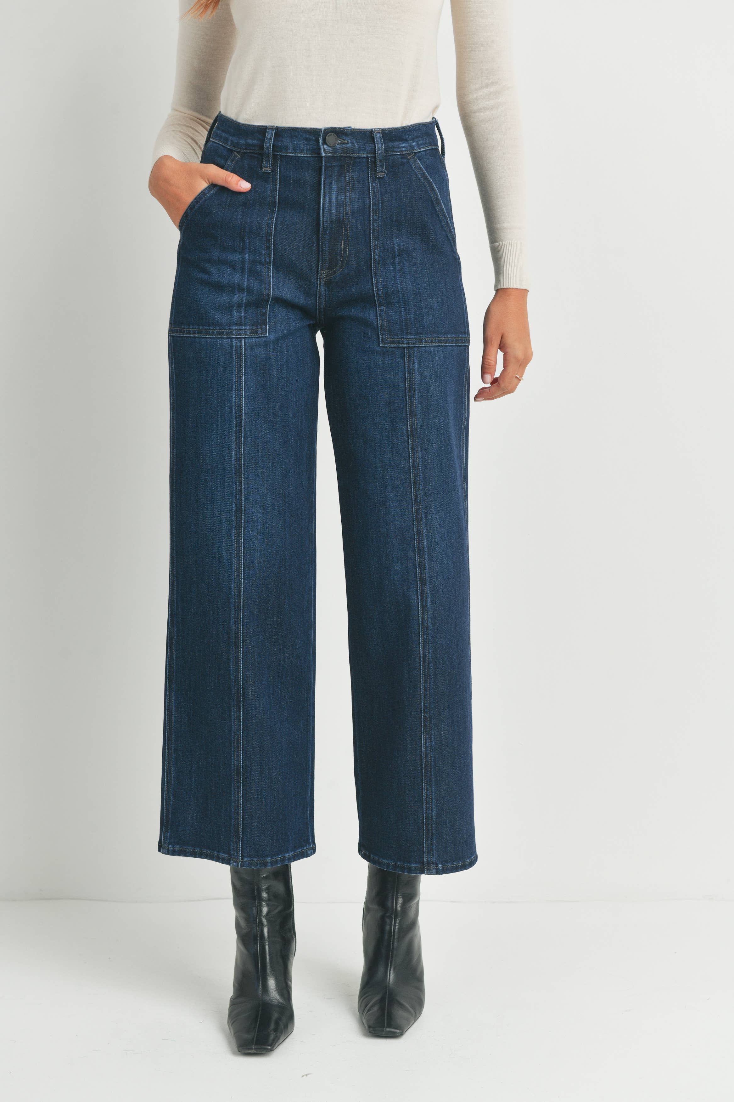 Dark Seamed Utility Straight Jeans