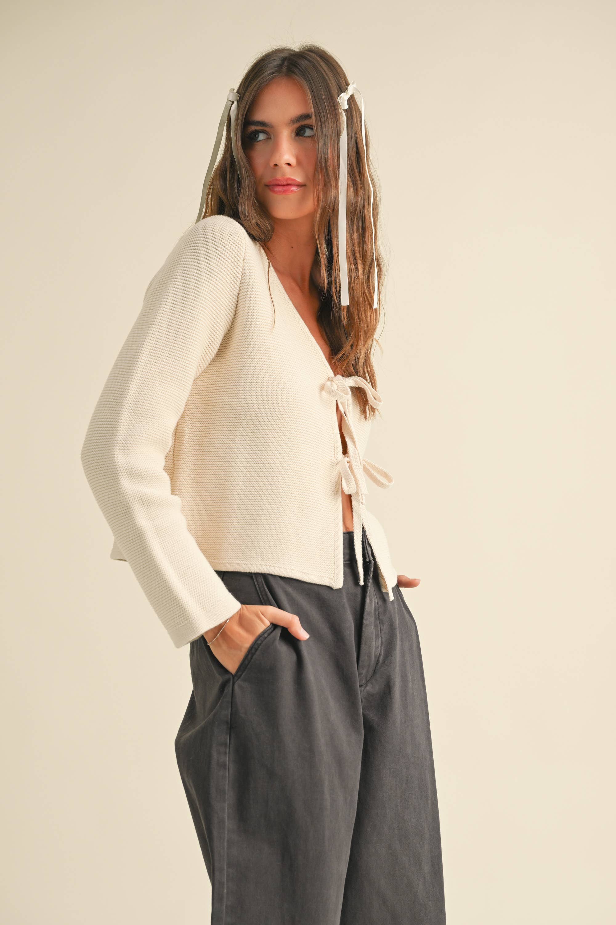 Nell Front Tie Cardigan in Cream