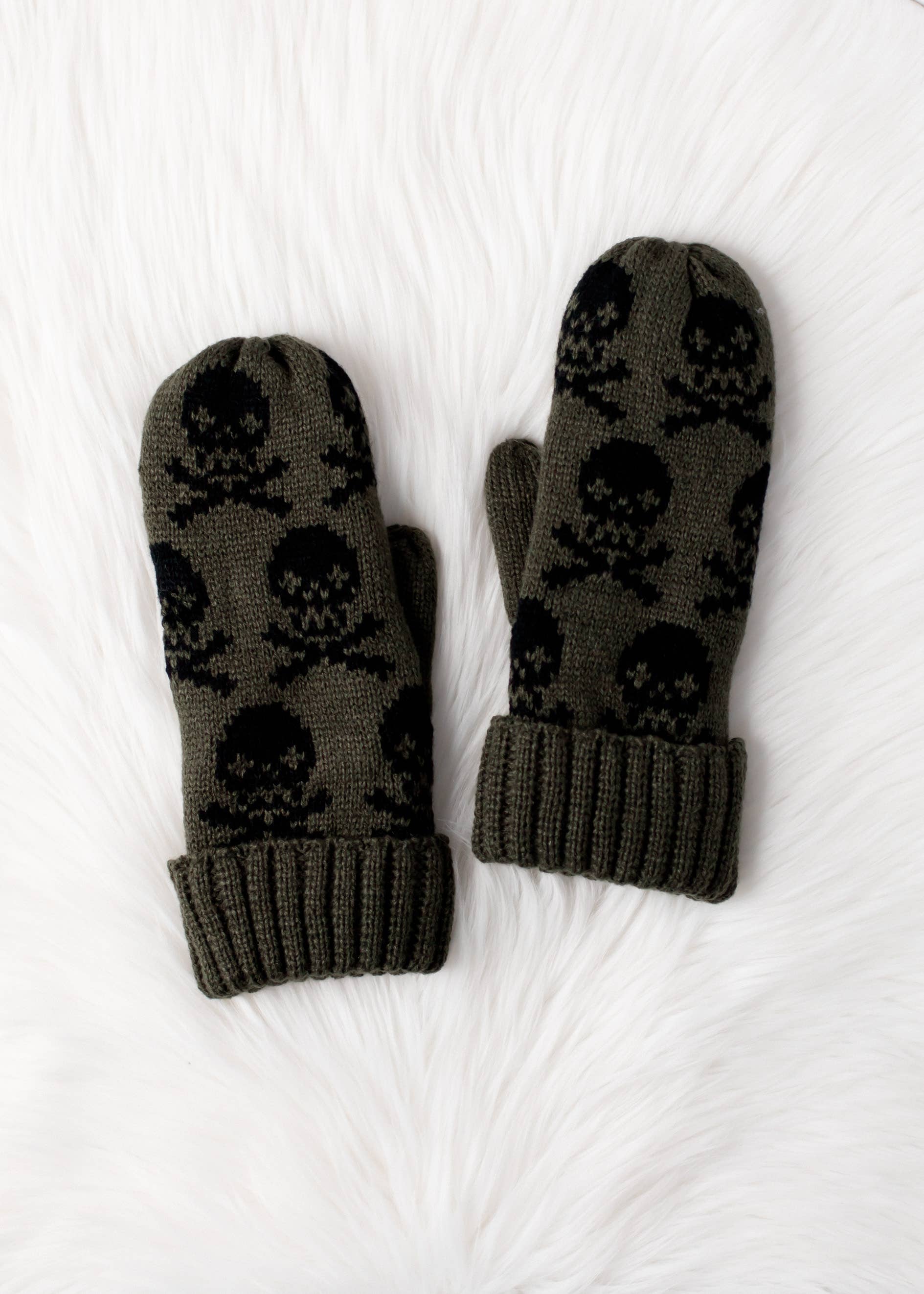 Olive Skull Patterned Mittens