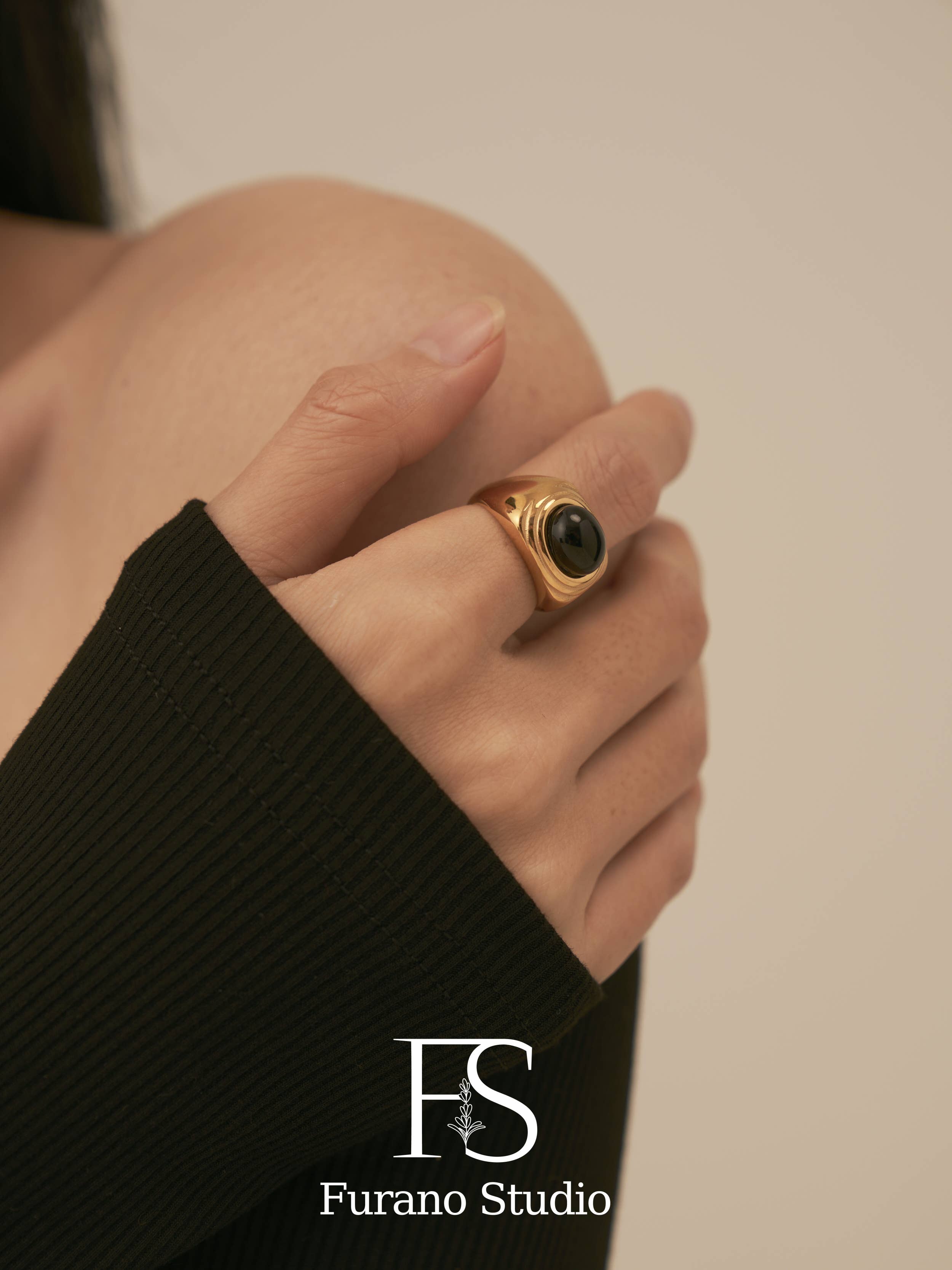 18k Gold Plated Black Onyx Square Signet Ring