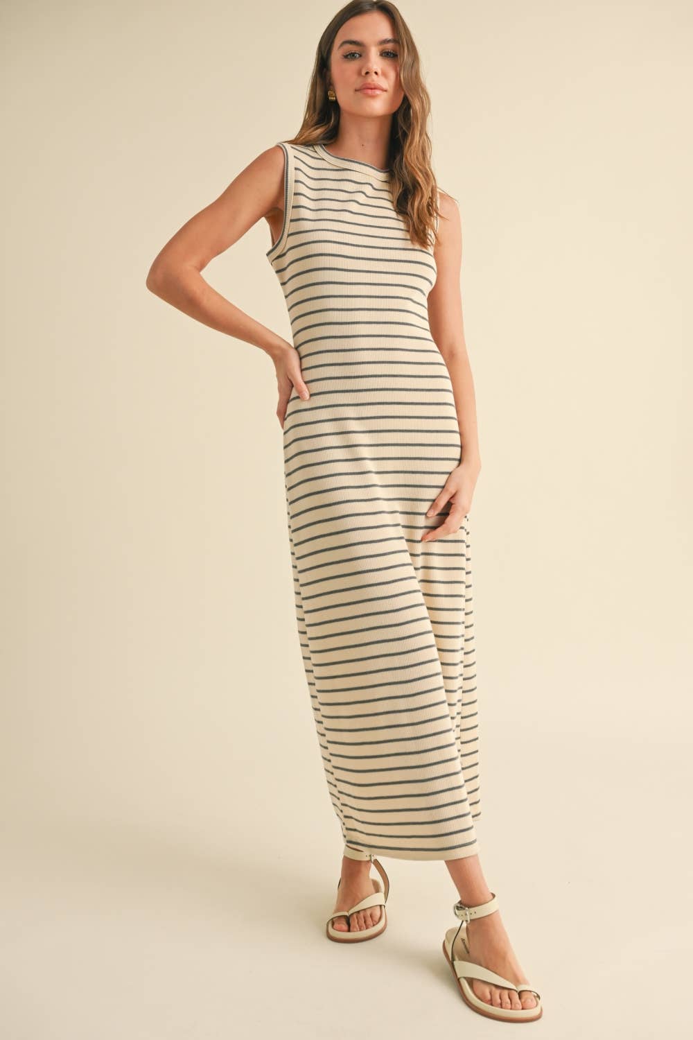 Tia Striped Knit Maxi Dress in Beige/Brown