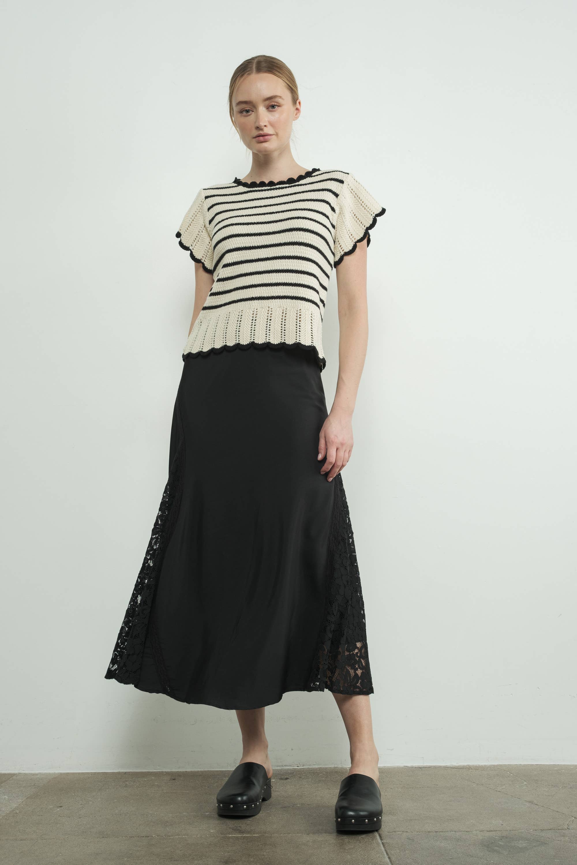 Striped Crochet S/S Sweater in B/W