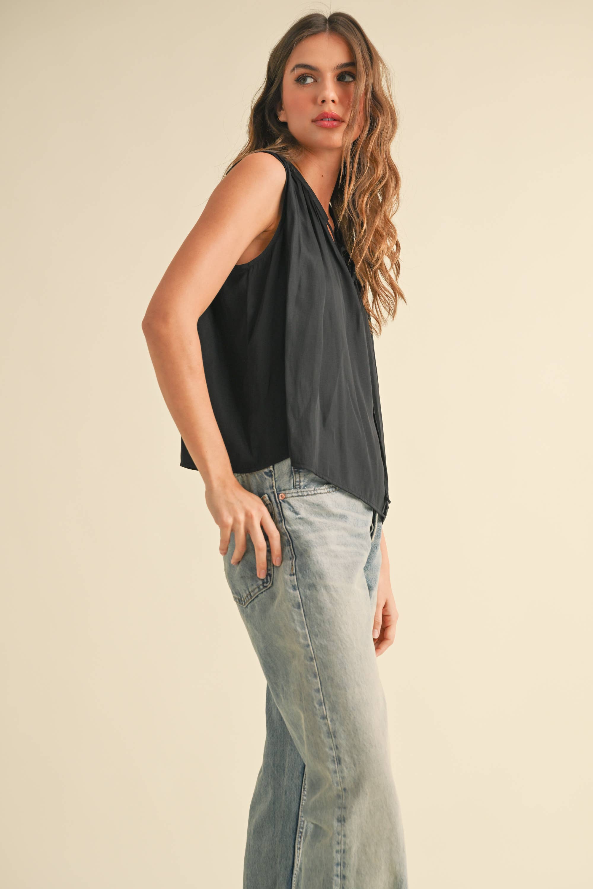 Black Tie Front Tank Blouse