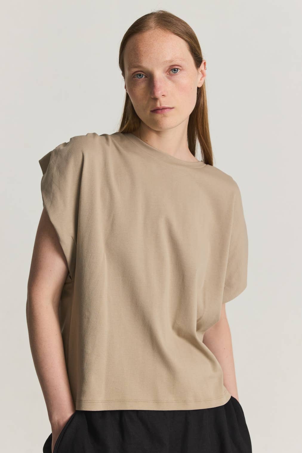 The Eileen Pleated Shoulder Top in Black or Taupe