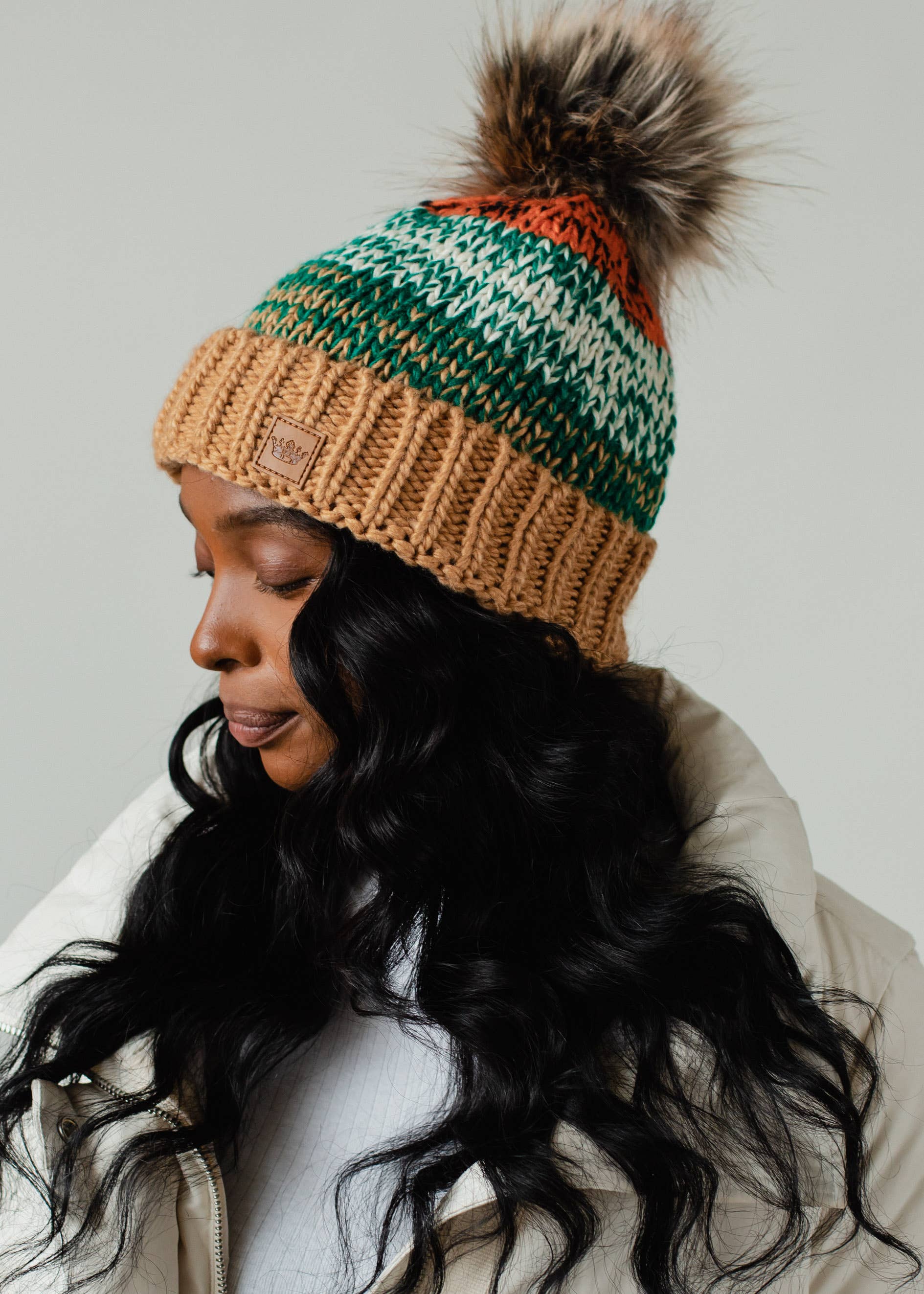 Camel, Green & Orange Patterned Pom Hat