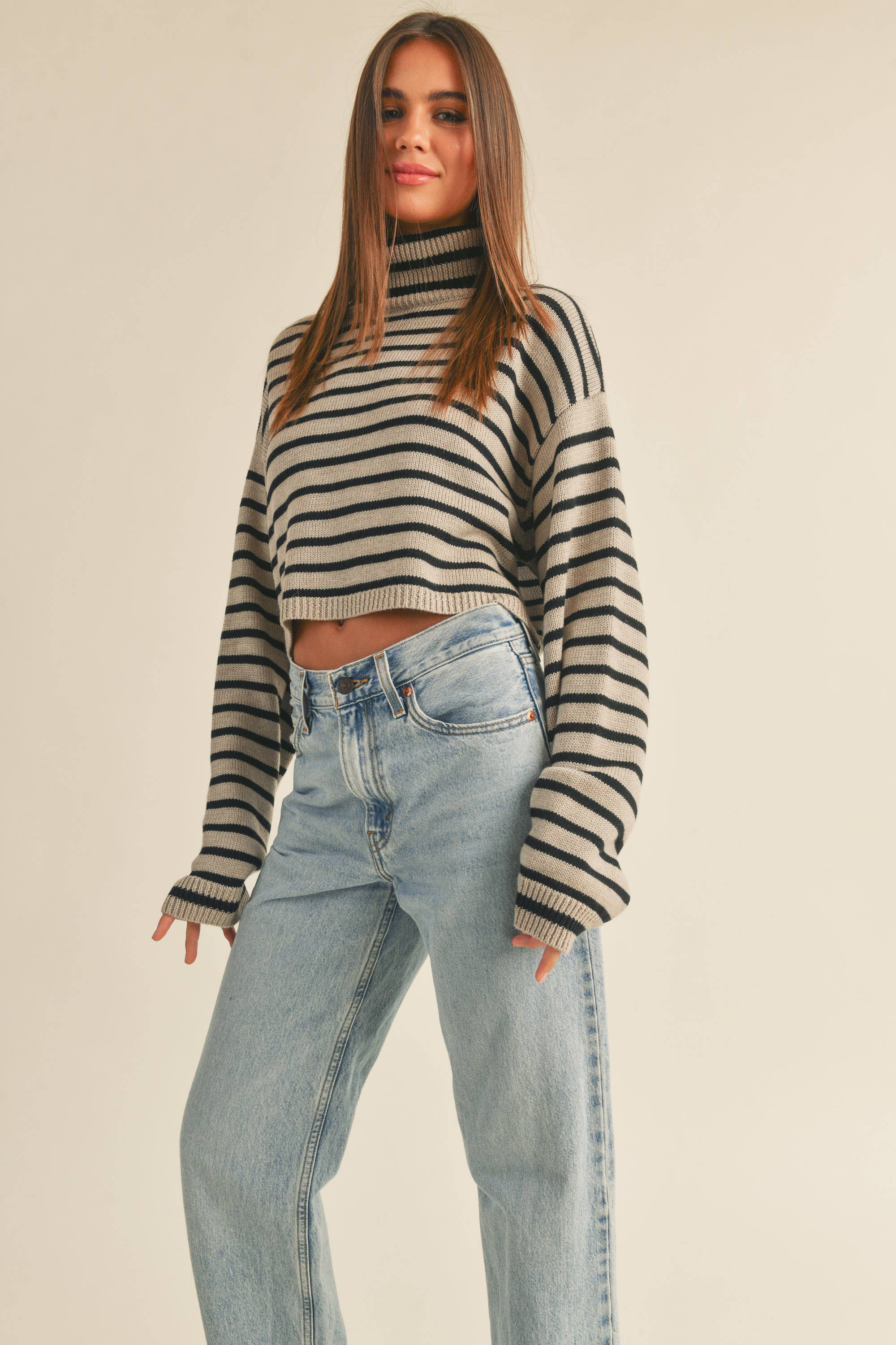 Striped Cropped Turtleneck Sweater