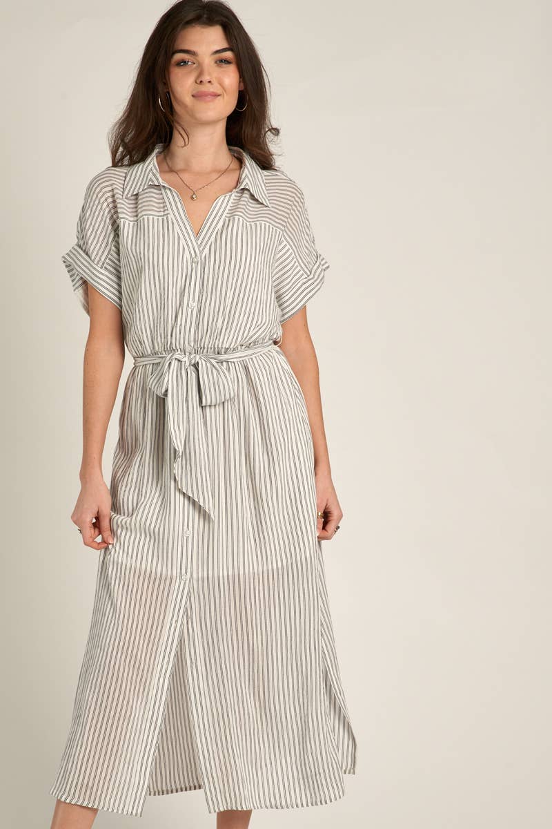 Sia White Striped Sleeve Button Down Shirt Dress