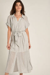 Sia White Striped Sleeve Button Down Shirt Dress