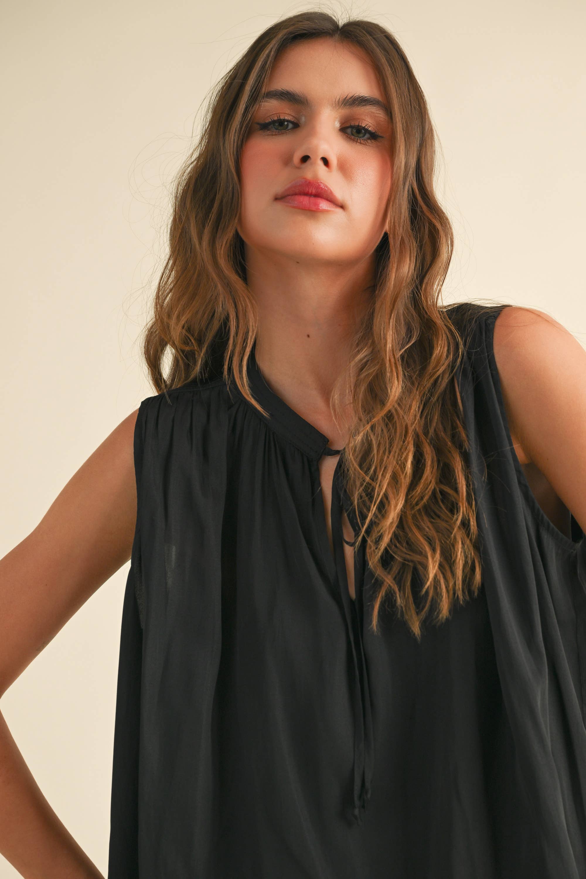 Black Tie Front Tank Blouse