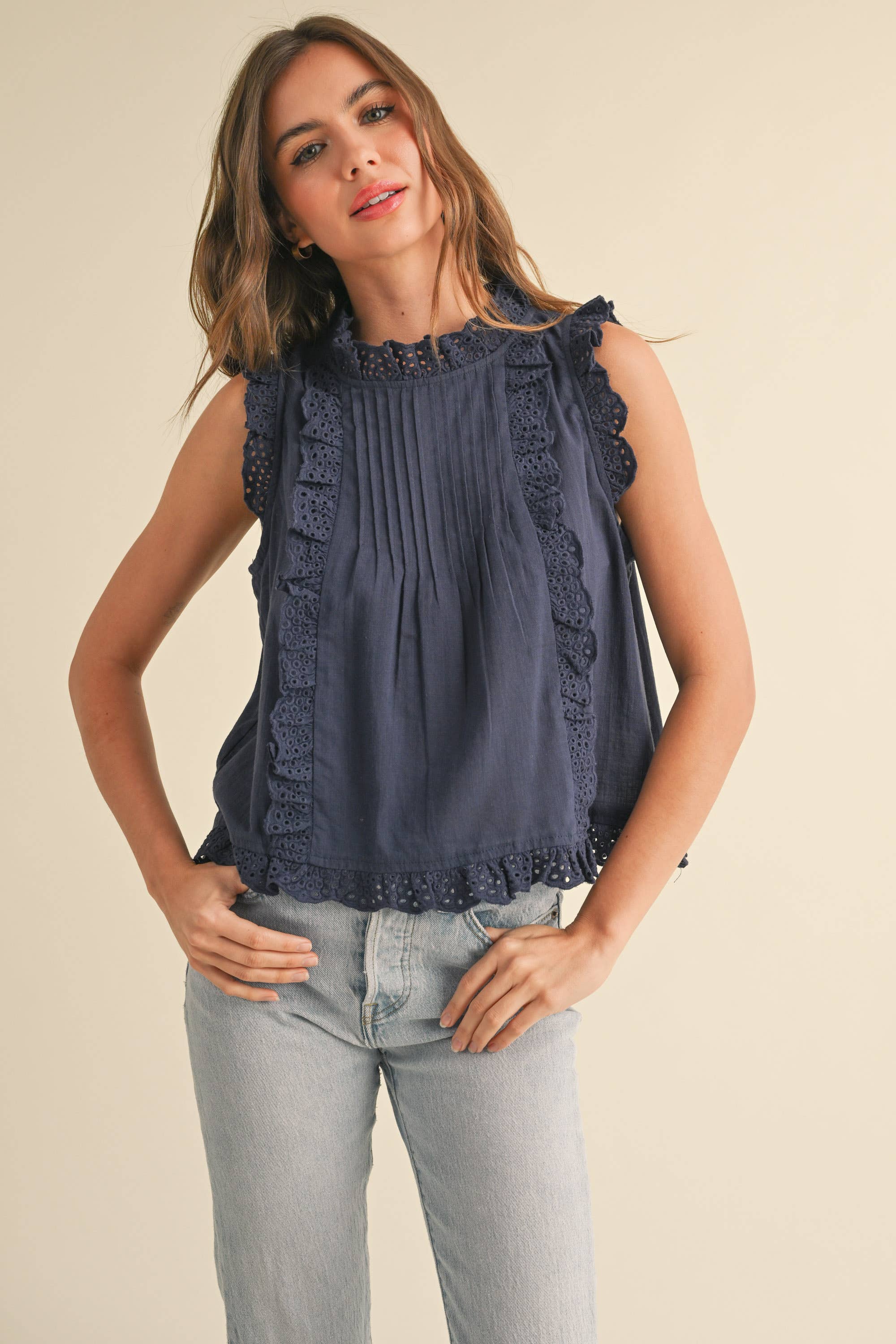 Eyelet Ruffle Trim Cotton Top