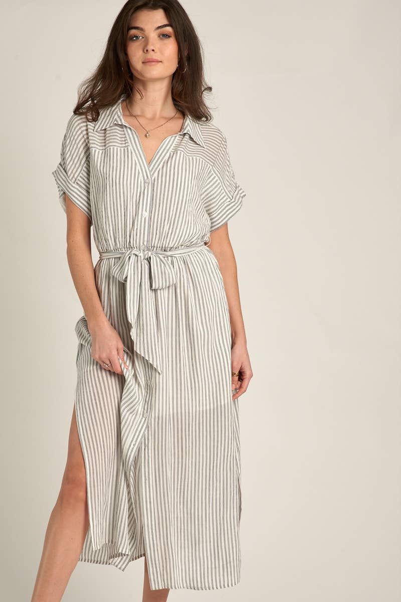 Sia White Striped Sleeve Button Down Shirt Dress