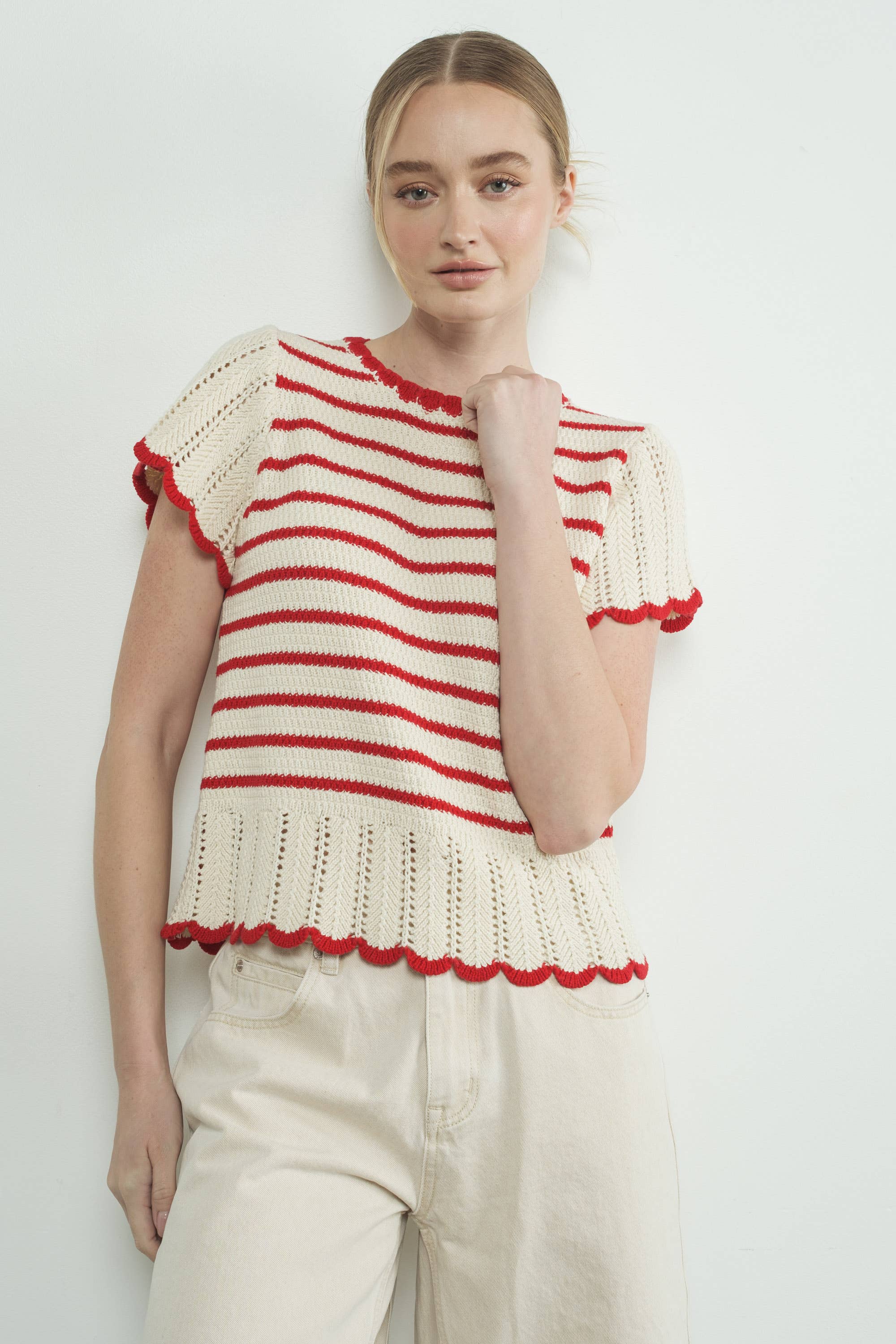 Striped Crochet S/S Sweater in Red/White