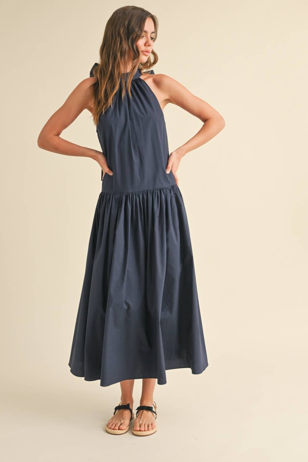 Swan Dress with Tie Back in Navy