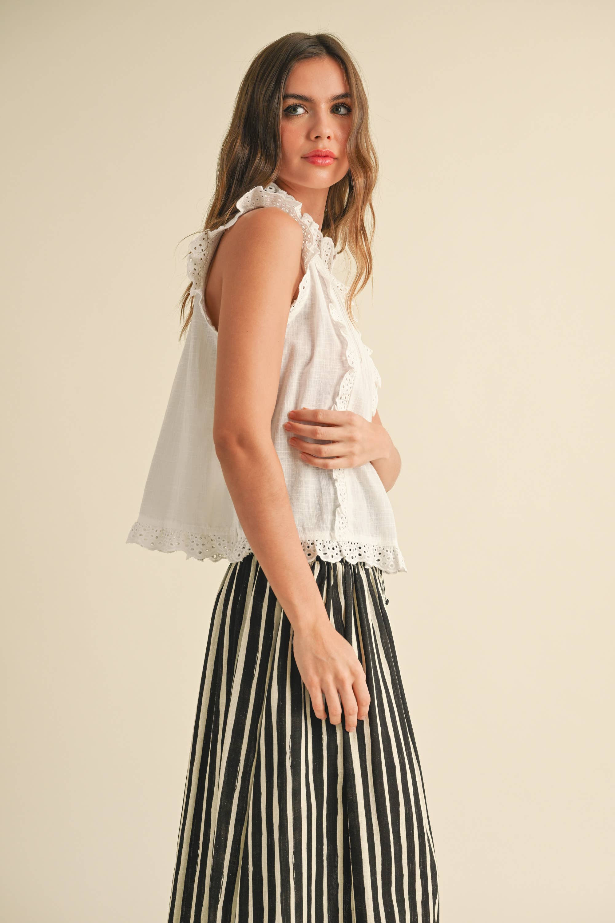 Eyelet Ruffle Trim Cotton Top