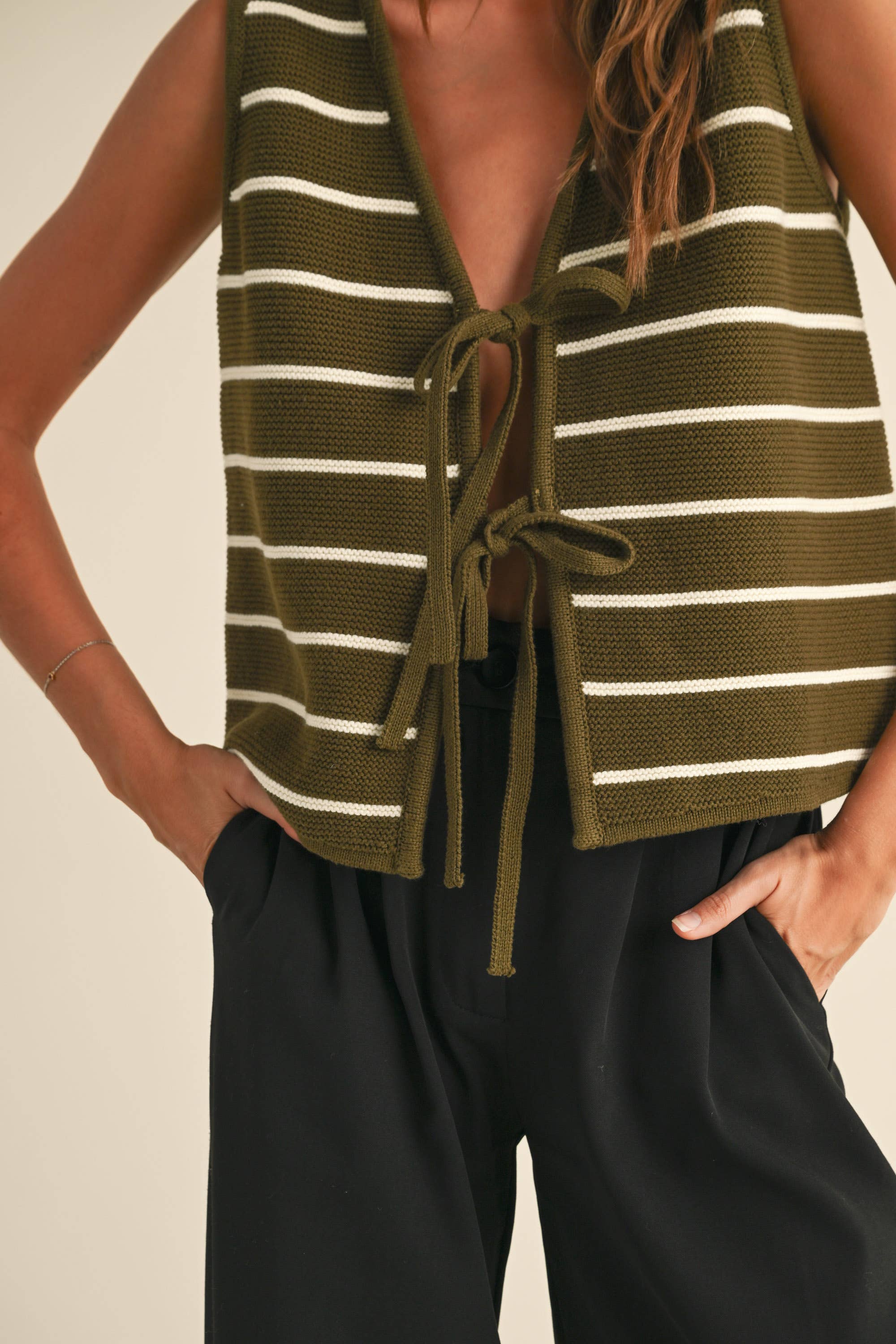 Striped Knit Tie Front Vest in Olive